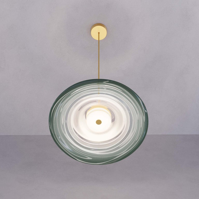 Brushed ‘Liquid Pendant Jade’ Handmade Green Gradient Glass & Satin Brass Ceiling Light For Sale