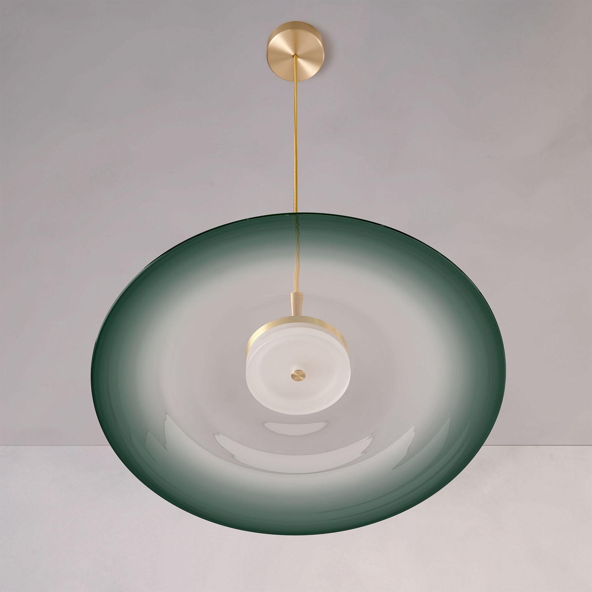 Brushed ‘Liquid Pendant Jade’ Handmade Green Gradient Glass & Satin Brass Ceiling Light For Sale