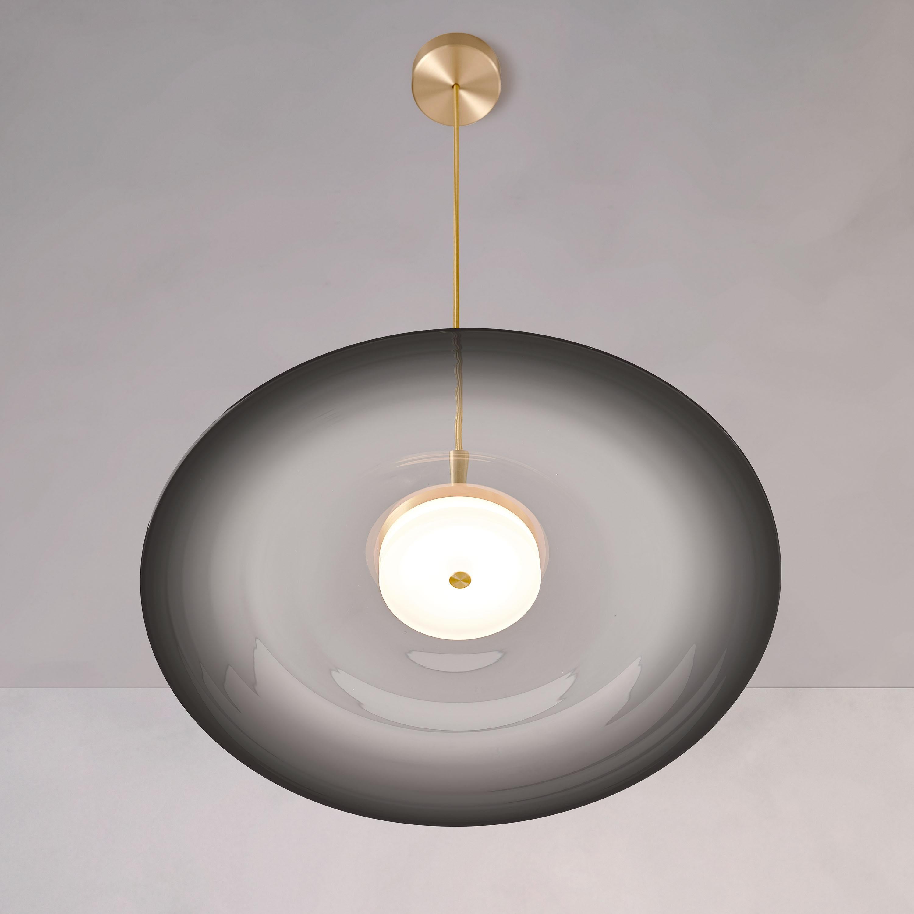 British ‘Liquid Pendant Smoke’ Handmade Grey Gradient Glass & Satin Brass Ceiling Light For Sale