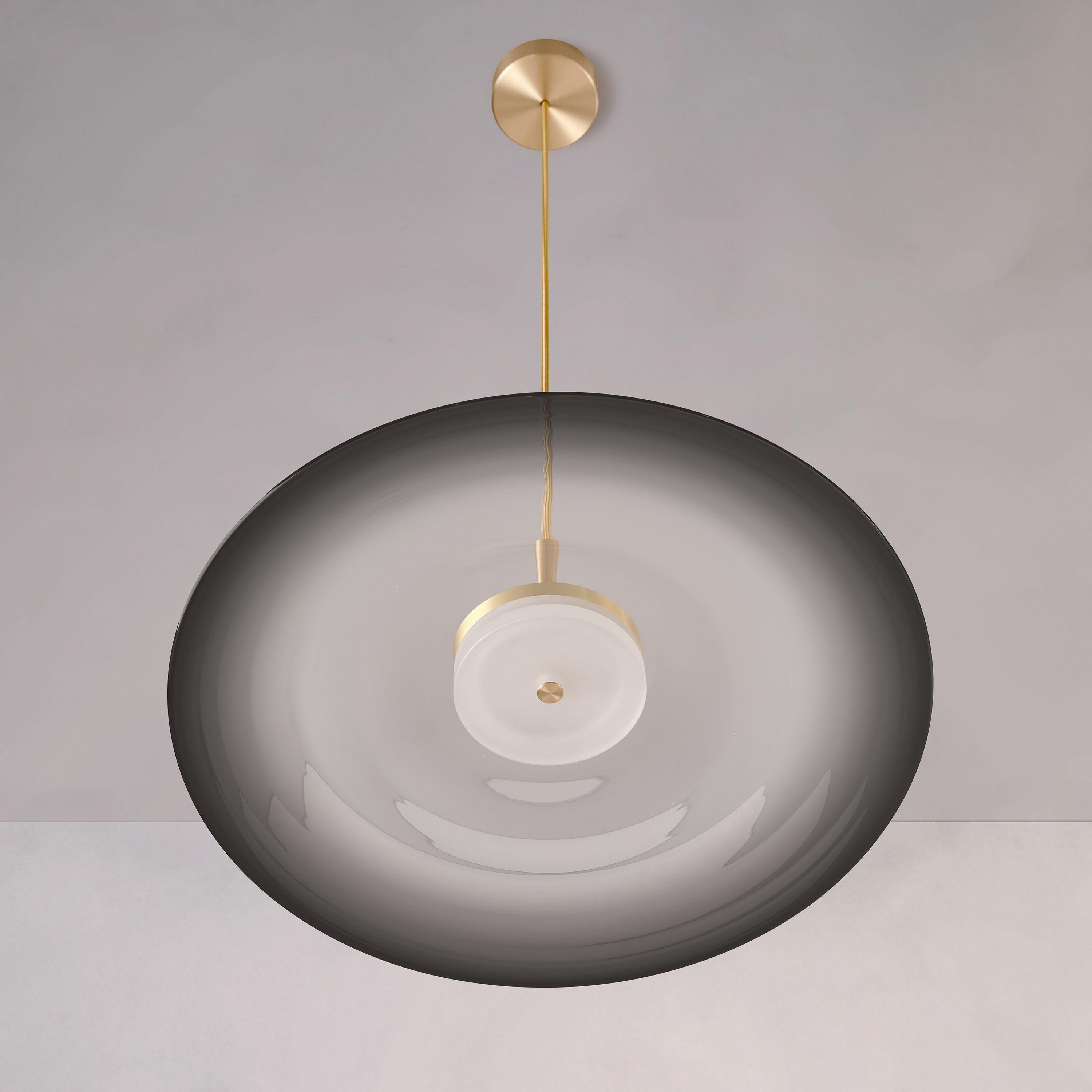 Brushed ‘Liquid Pendant Smoke’ Handmade Grey Gradient Glass & Satin Brass Ceiling Light For Sale