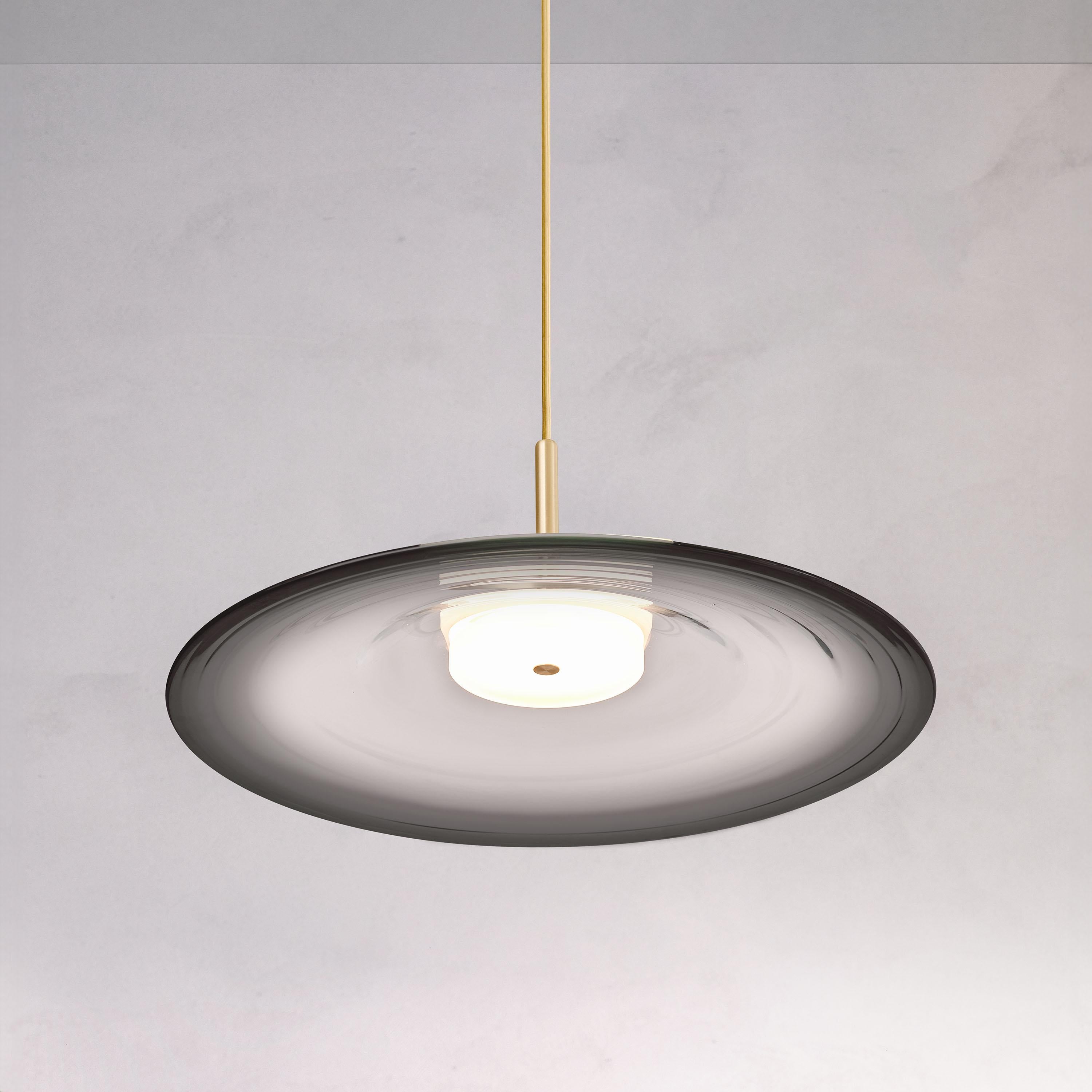 Organic Modern ‘Liquid Pendant Smoke’ Handmade Grey Gradient Glass & Satin Brass Ceiling Light For Sale