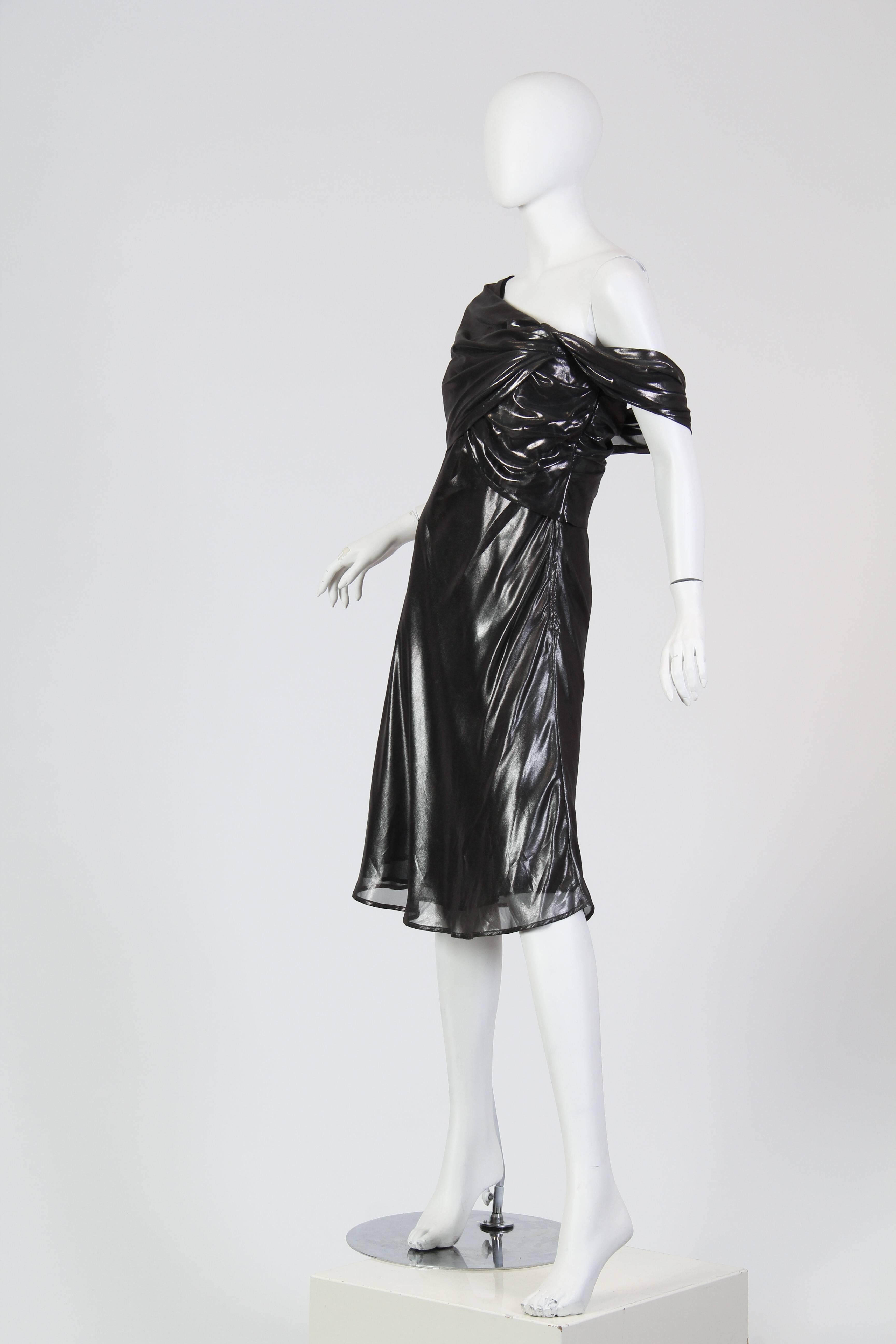 Black 1990S KRIZIA Metallic Silver Polyester Chiffon Asymmetrically Draped & Bias  Co For Sale