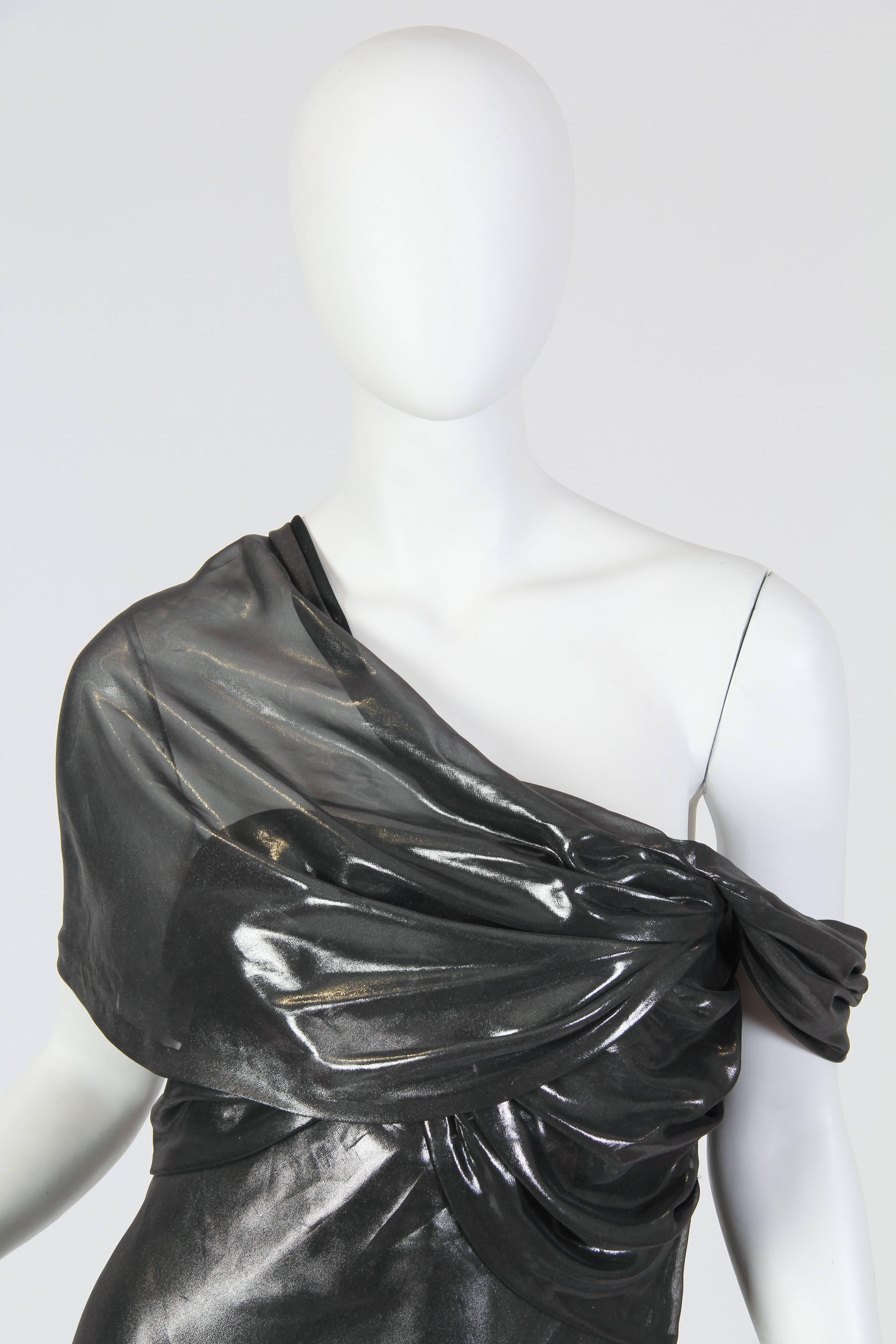 1990S KRIZIA Metallic Silver Polyester Chiffon Asymmetrically Draped & Bias  Co In Excellent Condition For Sale In New York, NY