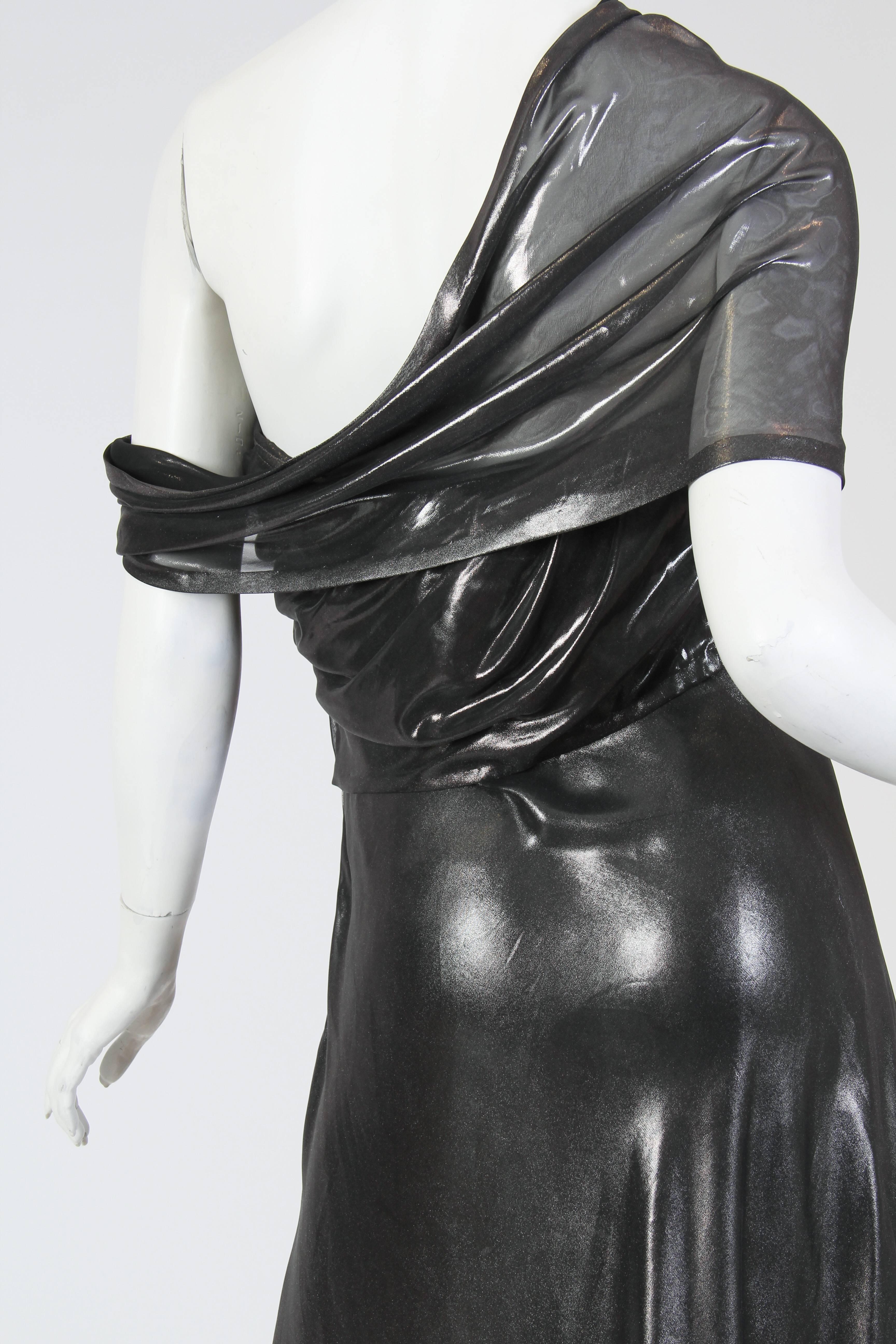 Women's 1990S KRIZIA Metallic Silver Polyester Chiffon Asymmetrically Draped & Bias  Co For Sale