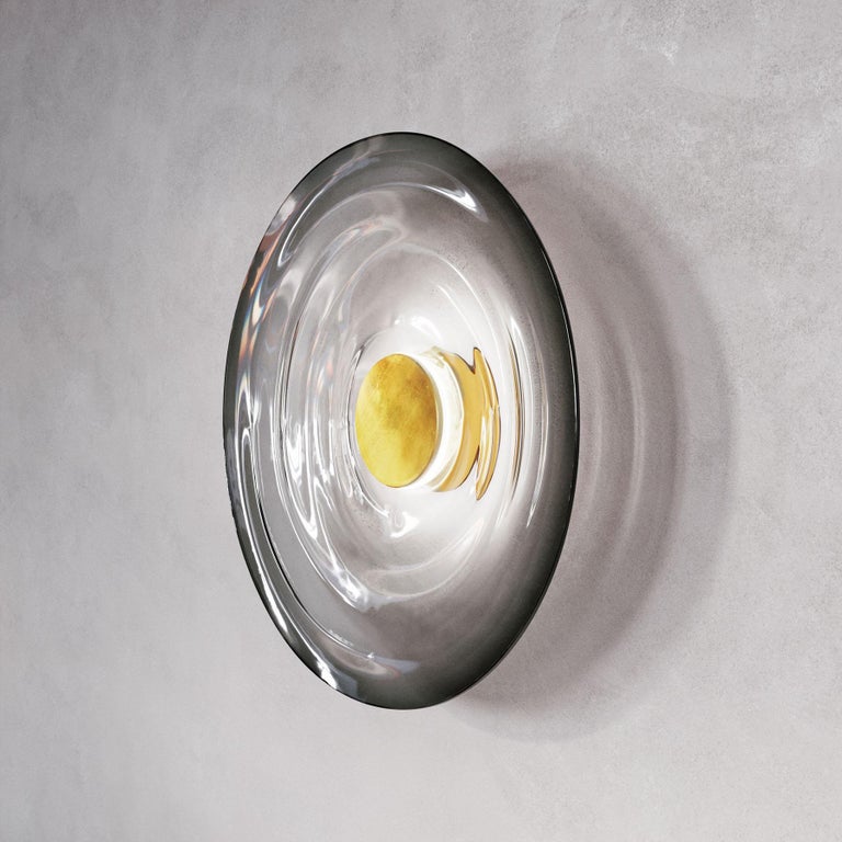 Organic Modern 'Liquid Smoke' Hand-Blown Glass & Aged Brass Contemporary Wall Light, Sconce For Sale