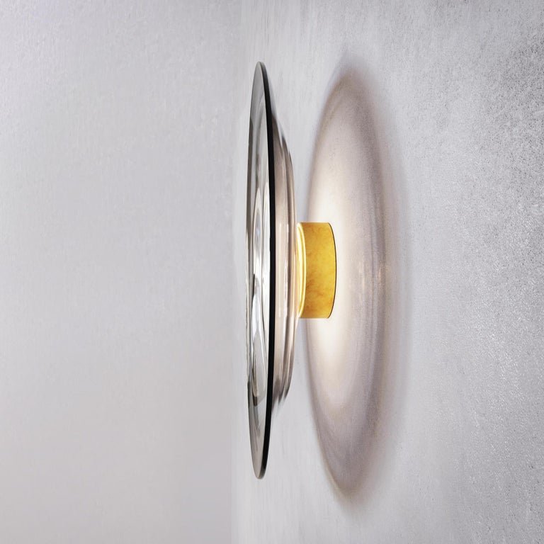 British 'Liquid Smoke' Hand-Blown Glass & Aged Brass Contemporary Wall Light, Sconce For Sale