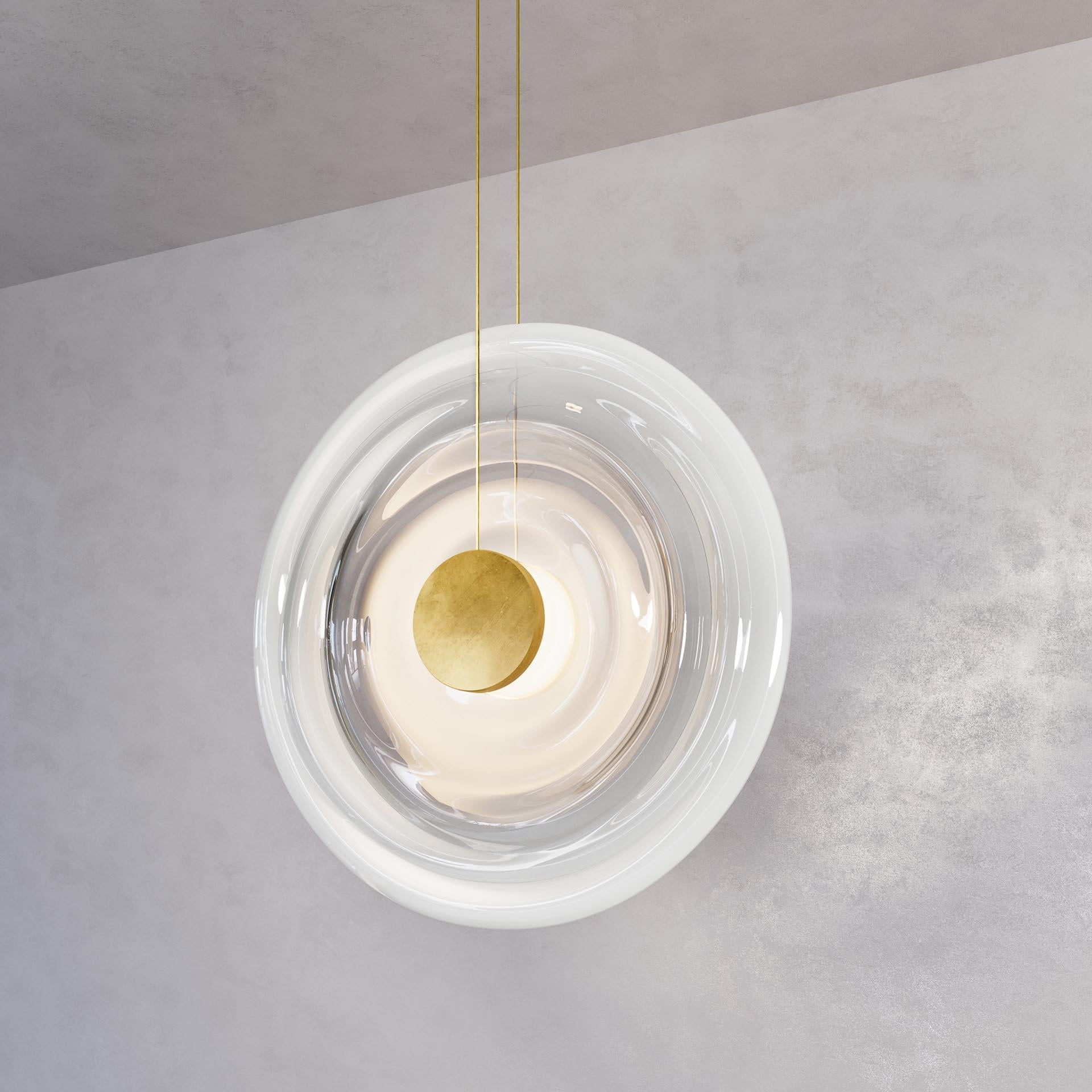 Organic Modern 'Liquid Vortex Solo Alabaster' White Gradient Glass & Aged Brass Ceiling Light For Sale