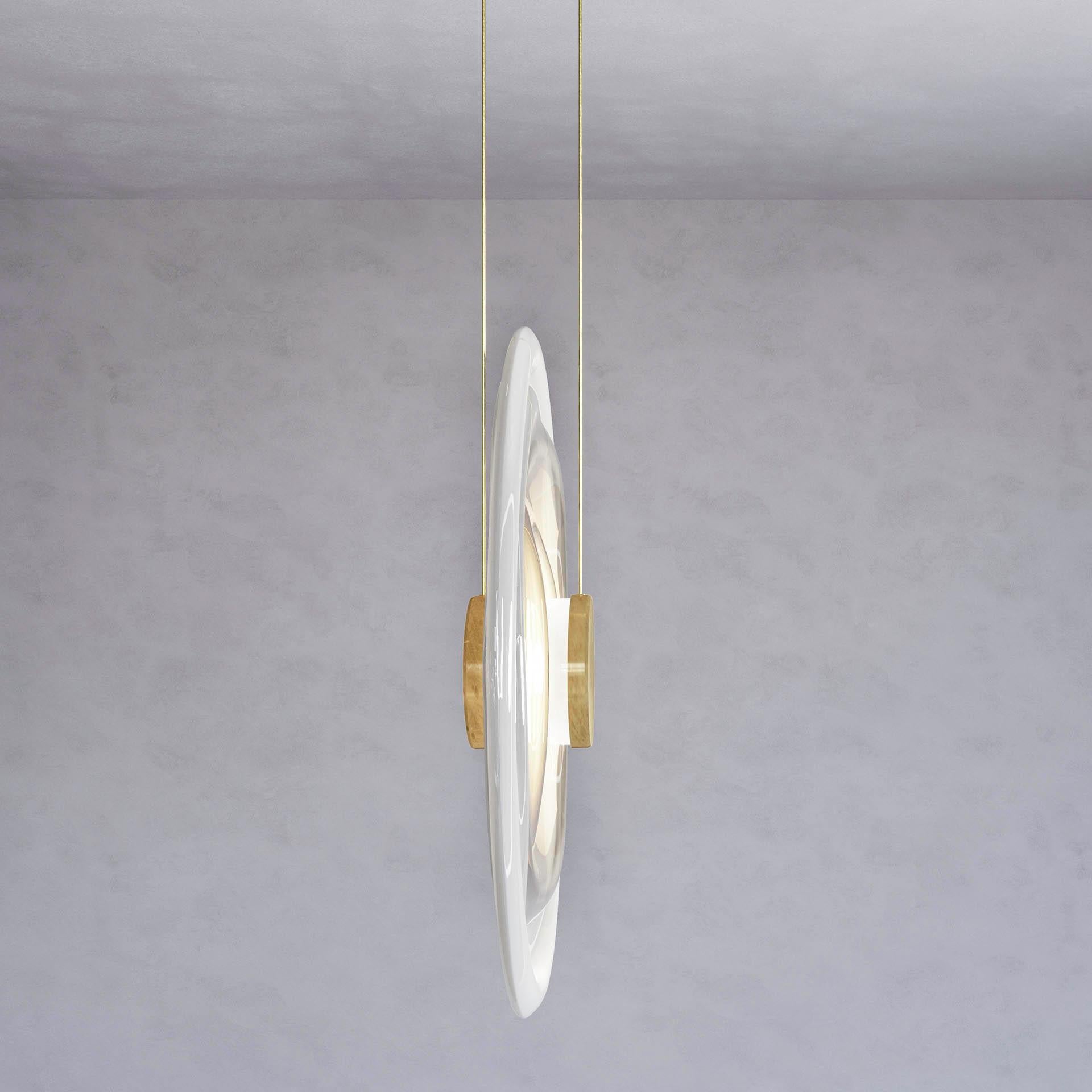 Patinated 'Liquid Vortex Solo Alabaster' White Gradient Glass & Aged Brass Ceiling Light For Sale