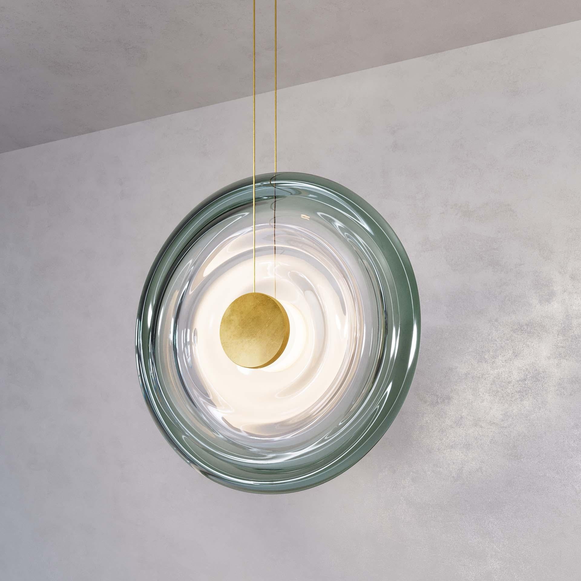 Organic Modern 'Liquid Vortex Solo Jade' Green Gradient Glass & Aged Brass Ceiling Light For Sale