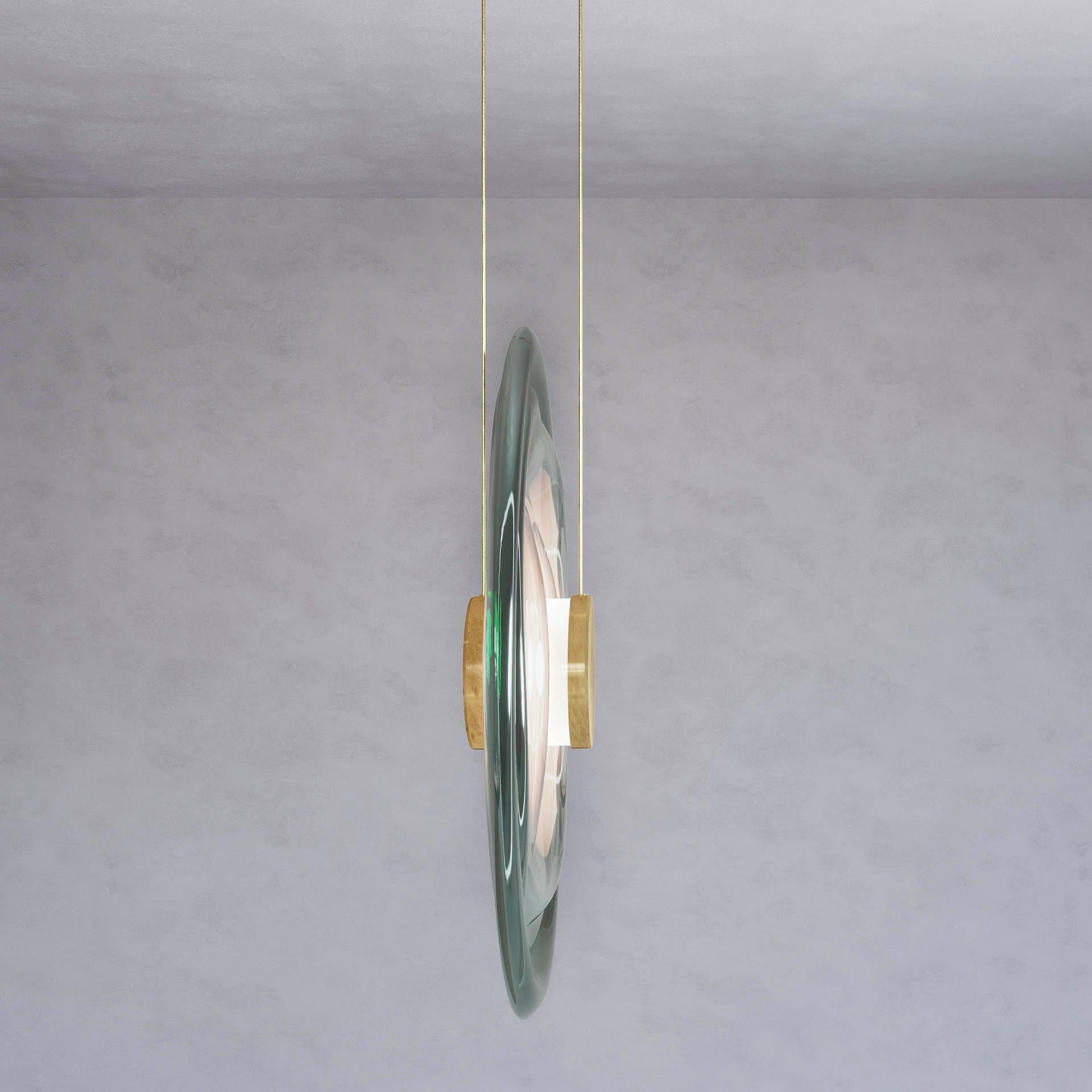 Hand-Crafted 'Liquid Vortex Solo Jade' Green Gradient Glass & Aged Brass Ceiling Light For Sale