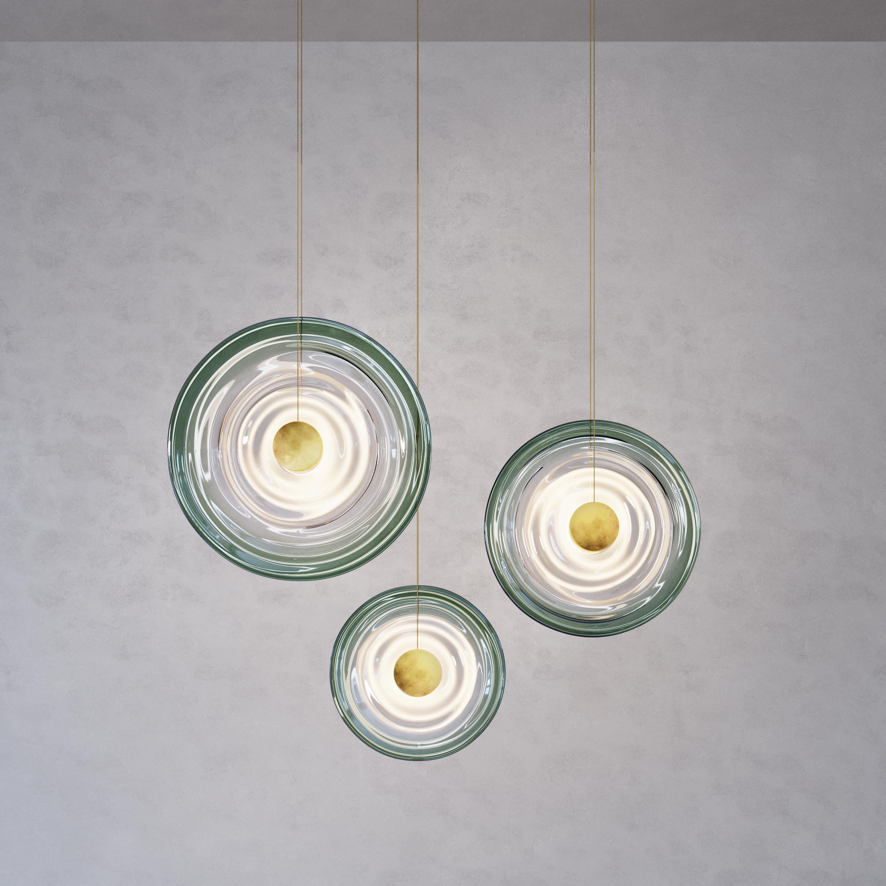Organic Modern 'Liquid Vortex Trio' Jade Gradient Glass & Aged Brass Ceiling Light, Cluster For Sale