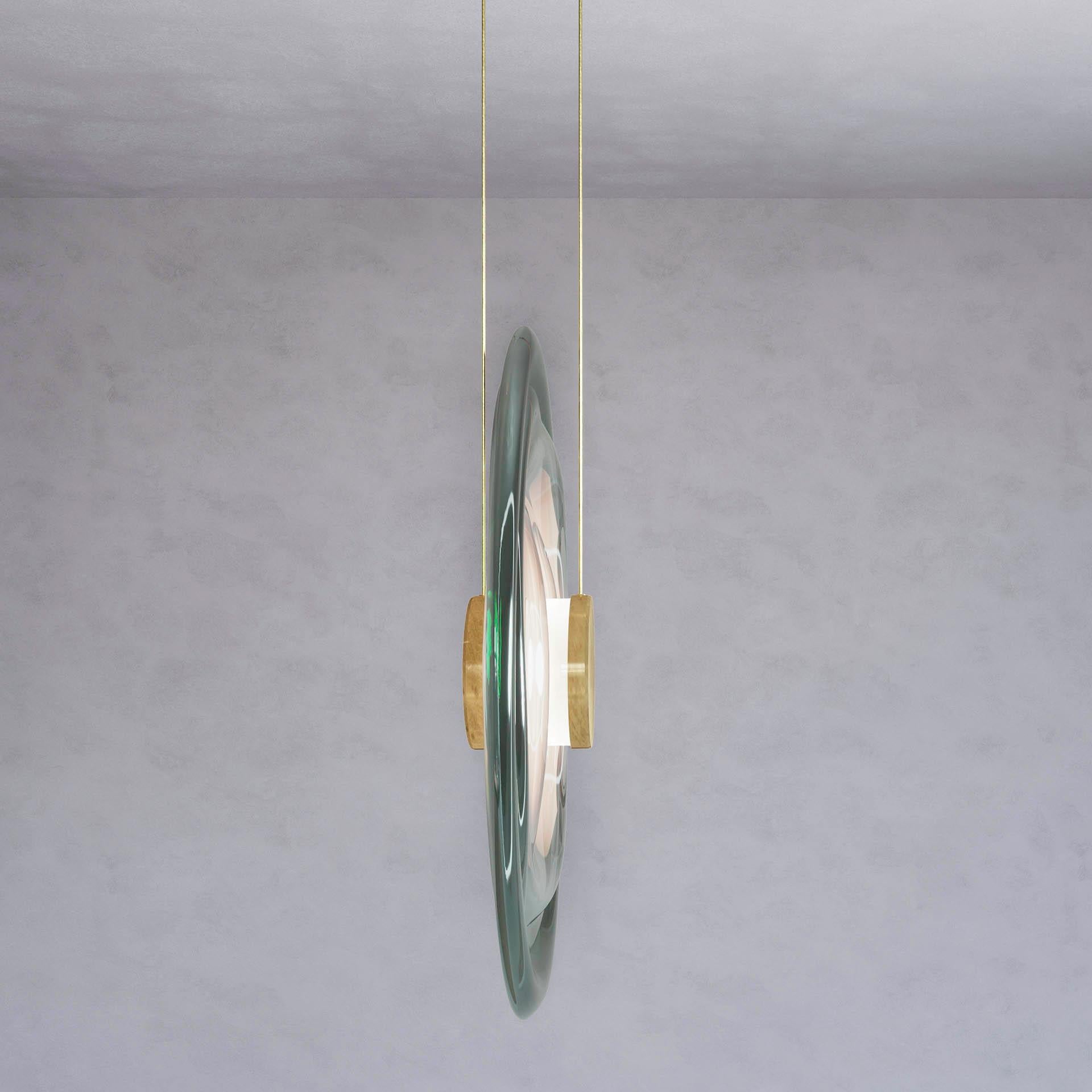 Hand-Crafted 'Liquid Vortex Trio' Jade Gradient Glass & Aged Brass Ceiling Light, Cluster For Sale