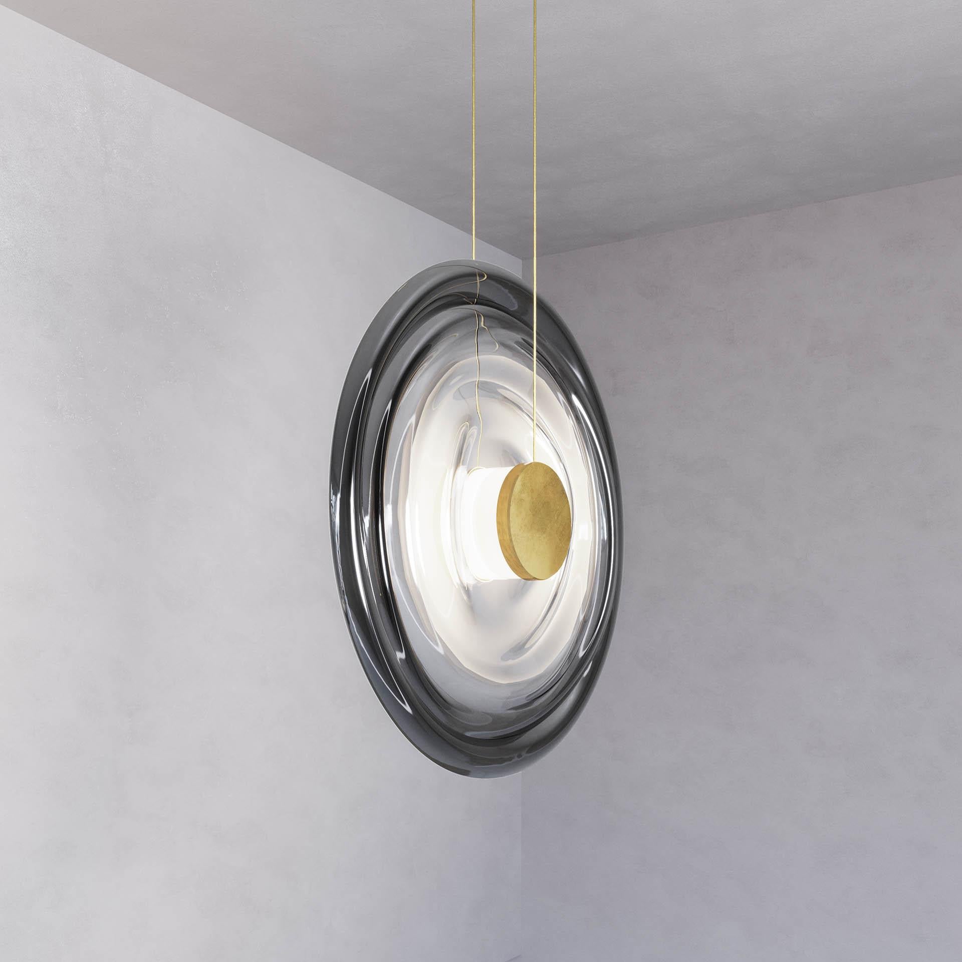 Hand-Crafted 'Liquid Vortex Trio Smoke' Gradient Glass & Aged Brass Ceiling Light, Cluster For Sale