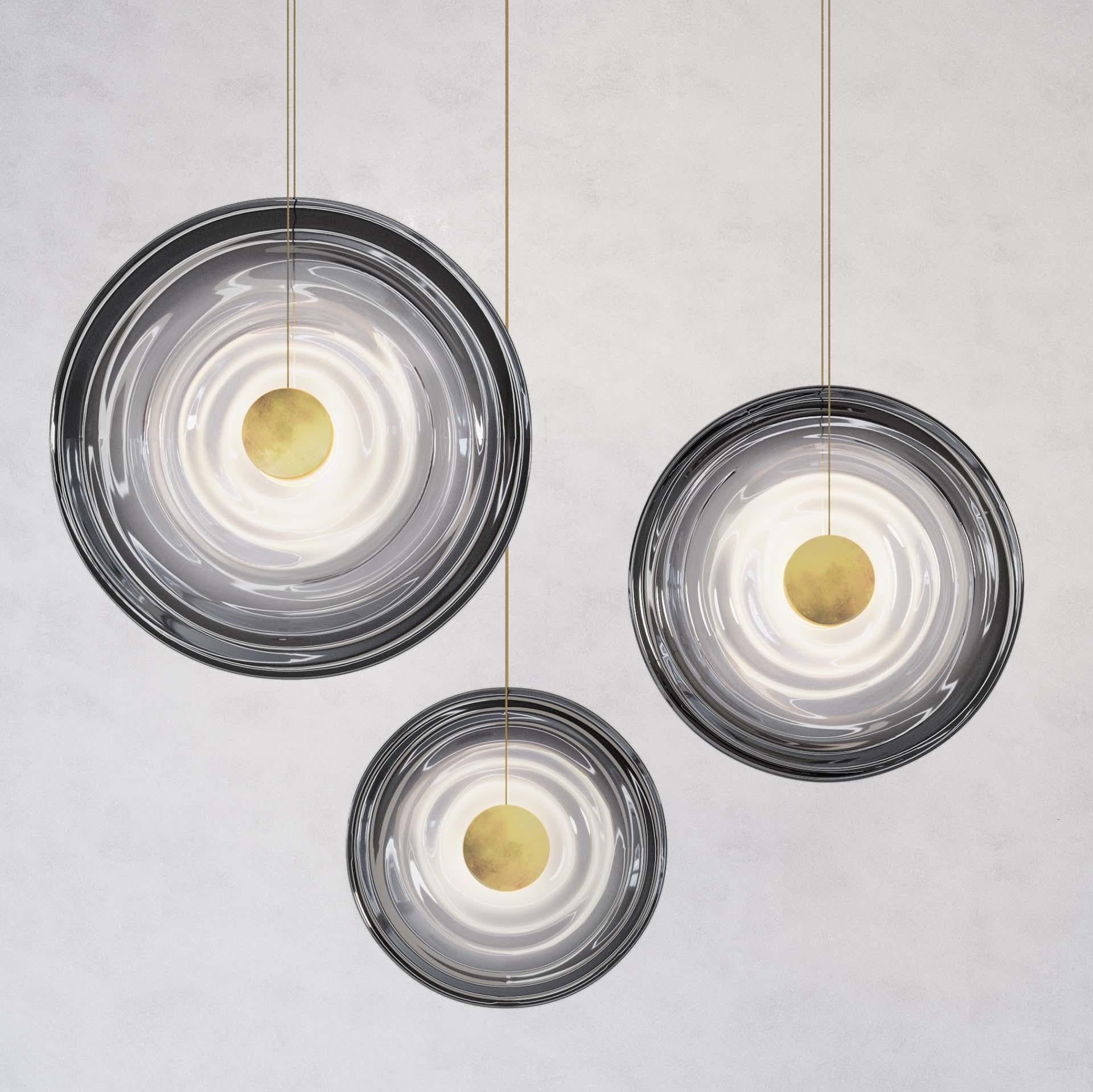 'Liquid Vortex Trio Smoke' Gradient Glass & Aged Brass Ceiling Light, Cluster In New Condition For Sale In London, GB