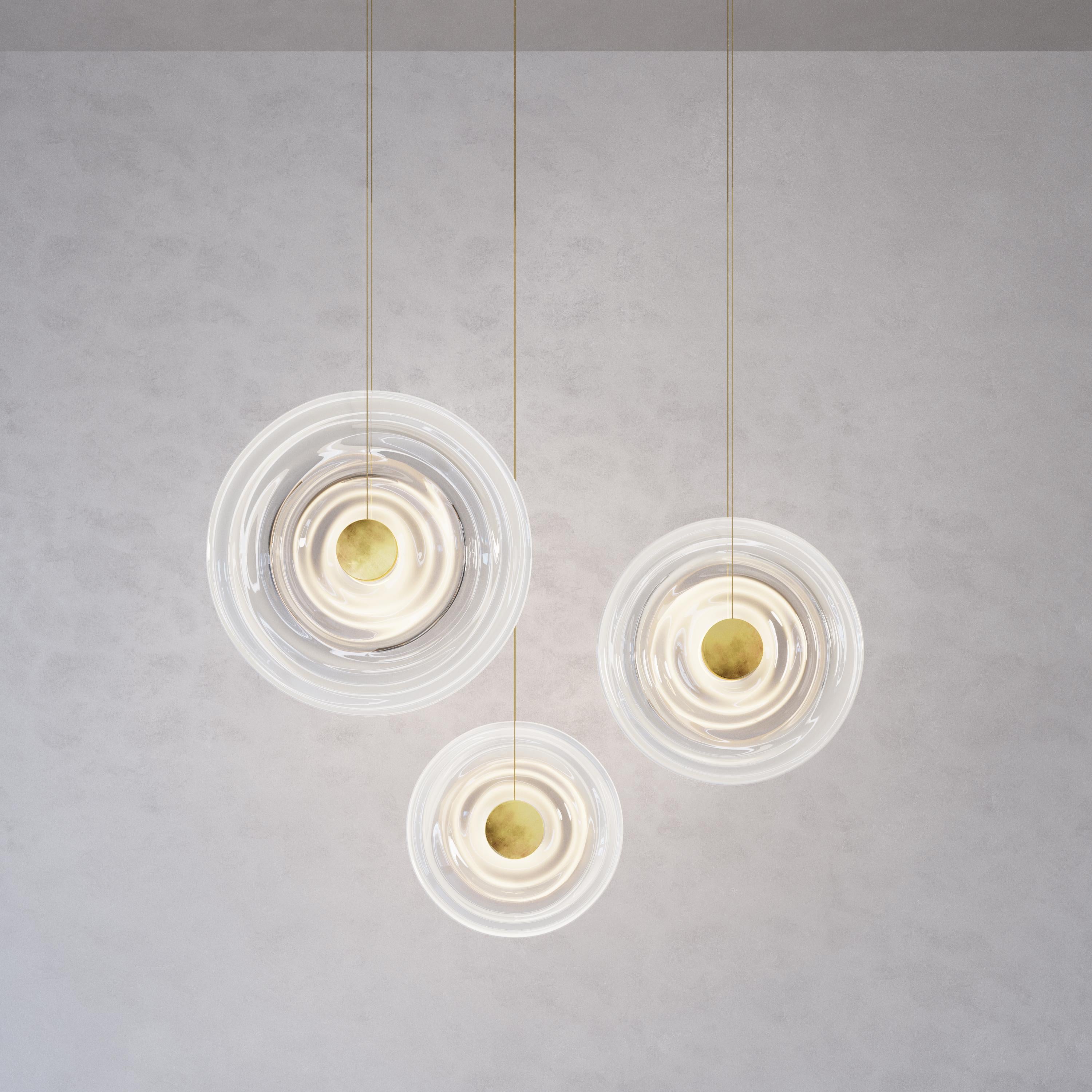 Organic Modern 'Liquid Vortex Trio' White Gradient Glass & Aged Brass Ceiling Light, Cluster For Sale
