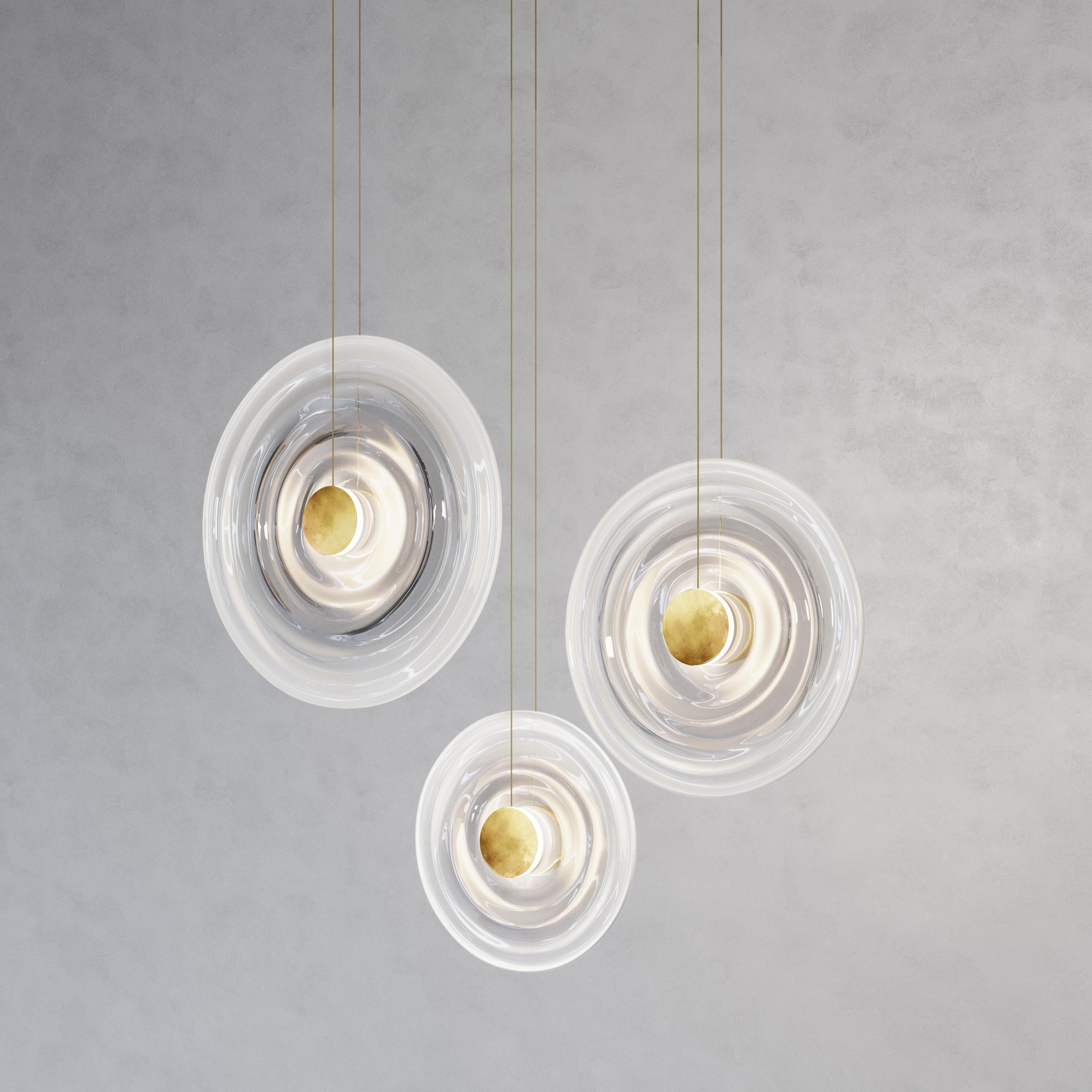 British 'Liquid Vortex Trio' White Gradient Glass & Aged Brass Ceiling Light, Cluster For Sale