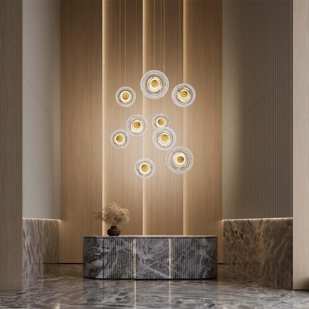 Contemporary 'Liquid Vortex Trio' White Gradient Glass & Aged Brass Ceiling Light, Cluster For Sale