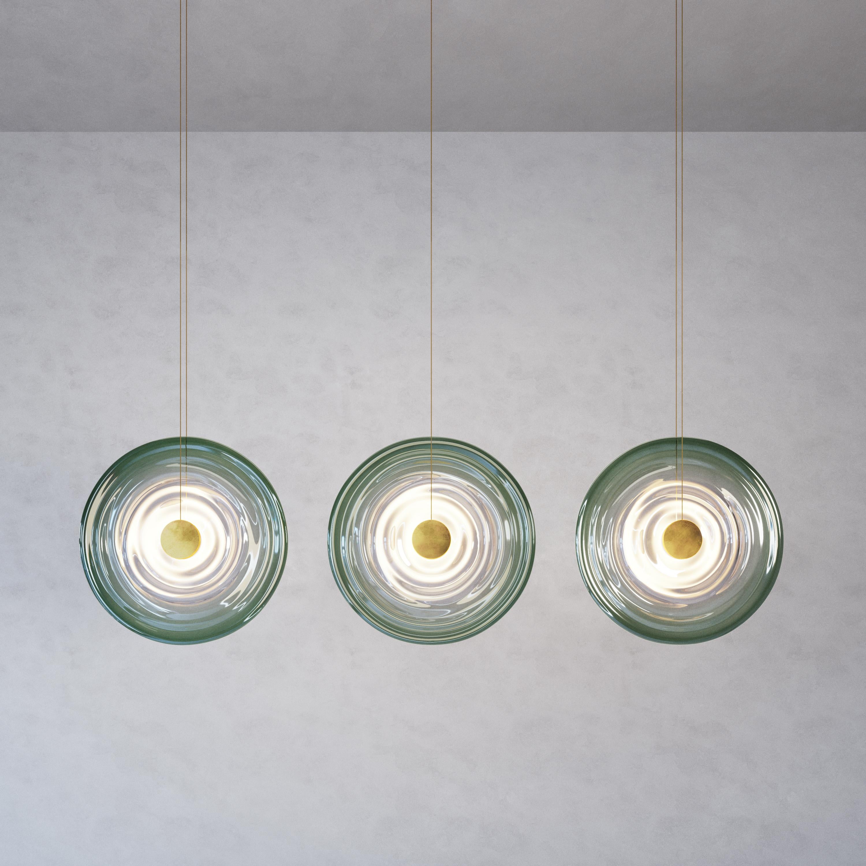 Organic Modern 'Liquid Vortex Trio XL' Jade Gradient Glass & Aged Brass Ceiling Light, Cluster For Sale