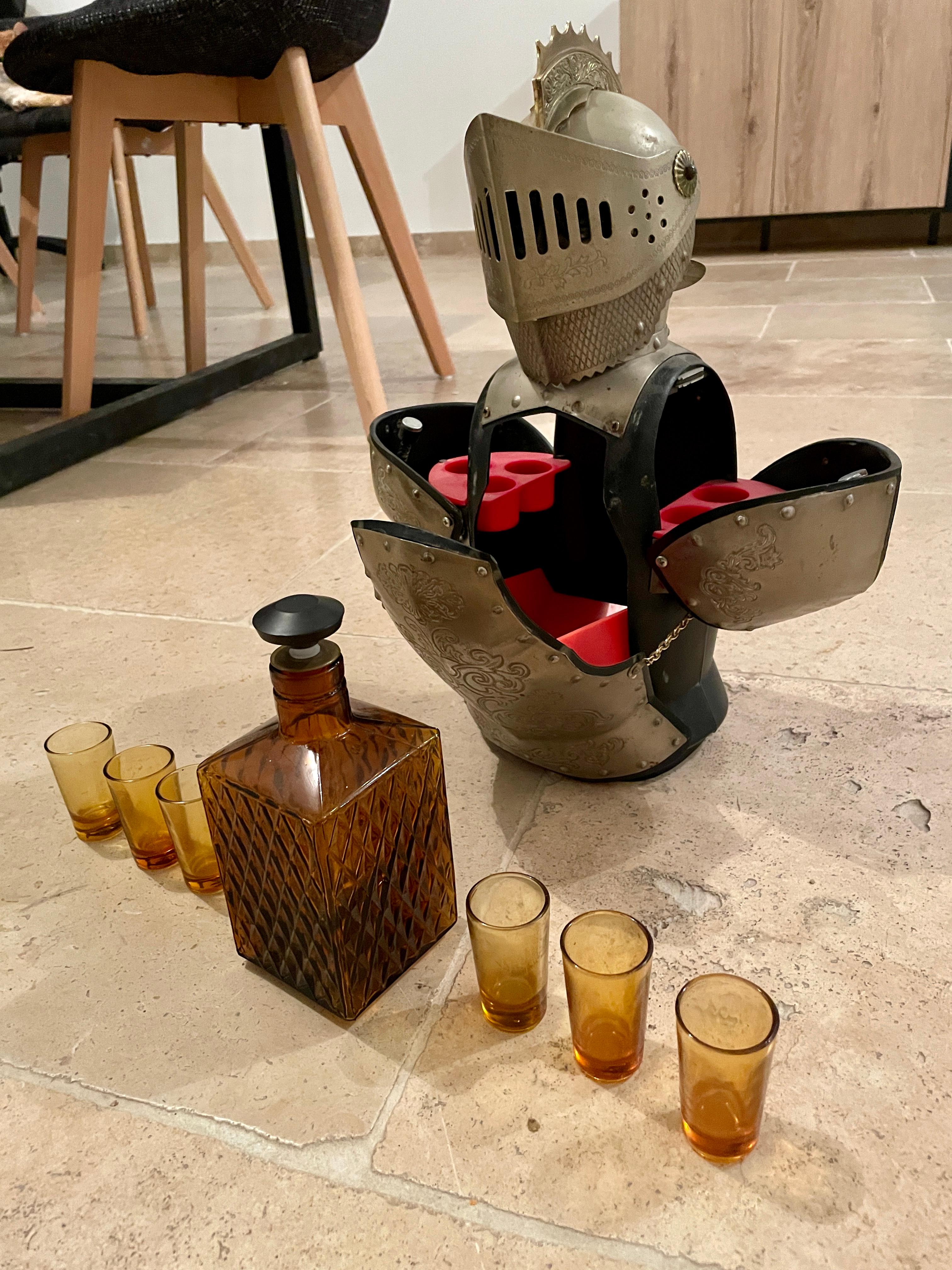 20th Century Liquor Cabinet Box, French, Knight Armor, Hidden Dry Bar 50s 60s 70s Compete Set