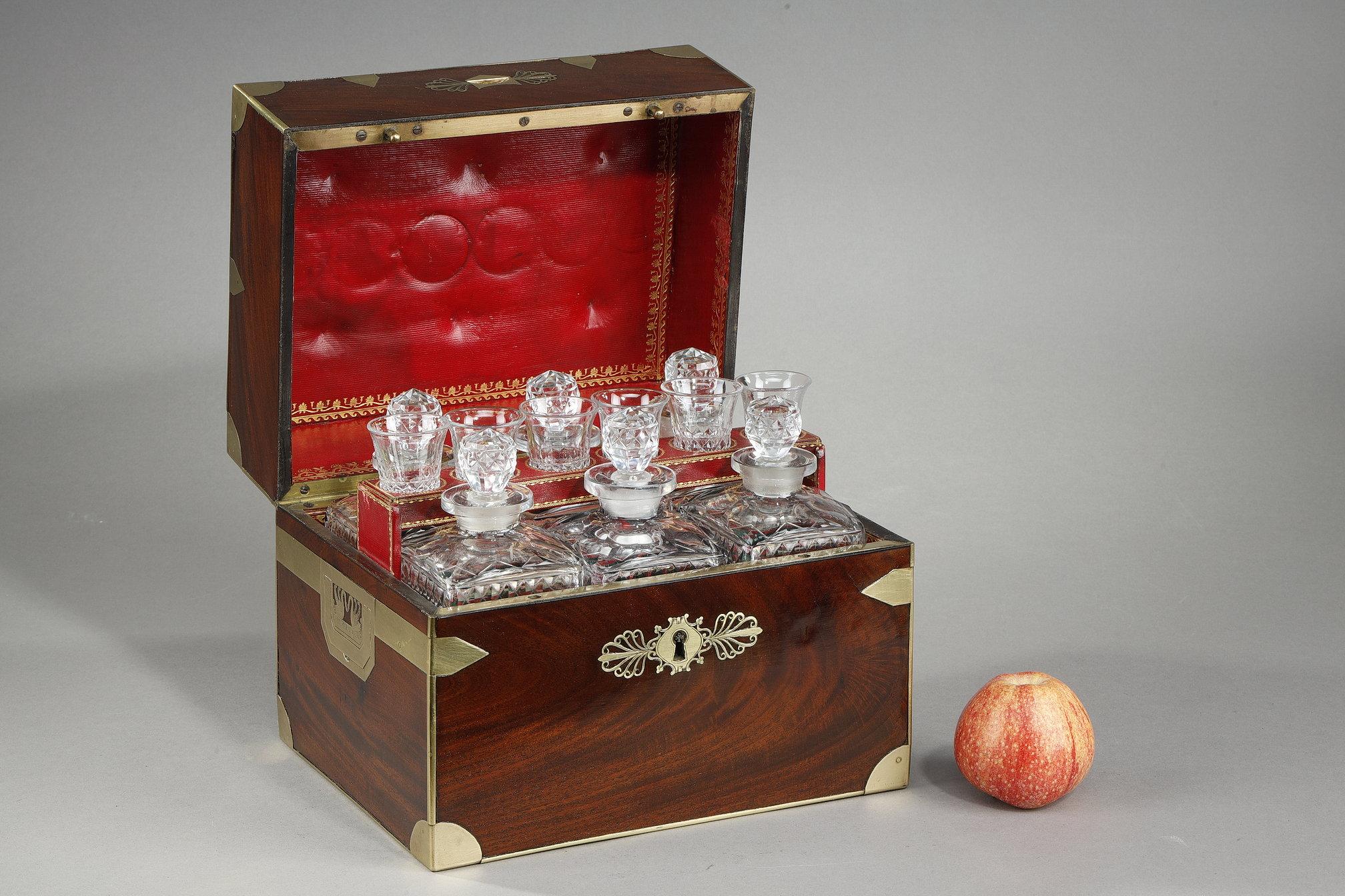 Bronze Liquor cellar with cut crystal bottles and glasses For Sale