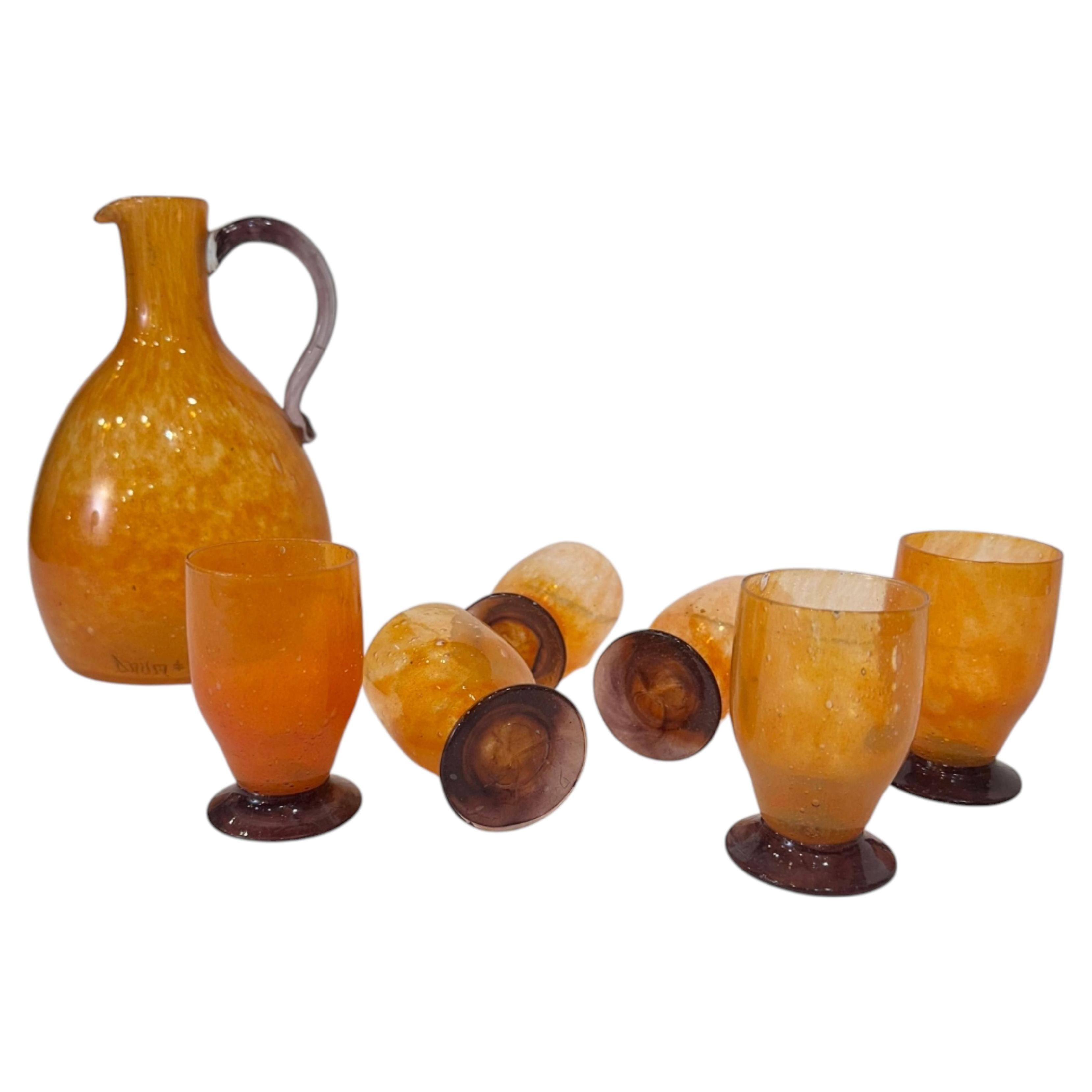 Liquor set, jug and glasses, Daum crystal, orange and purple, Art Deco, 1930s, F