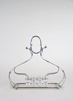 Liquor Shot Glass Set of Six in Chrome Stand Art Nouveau, Austria, circa 1910