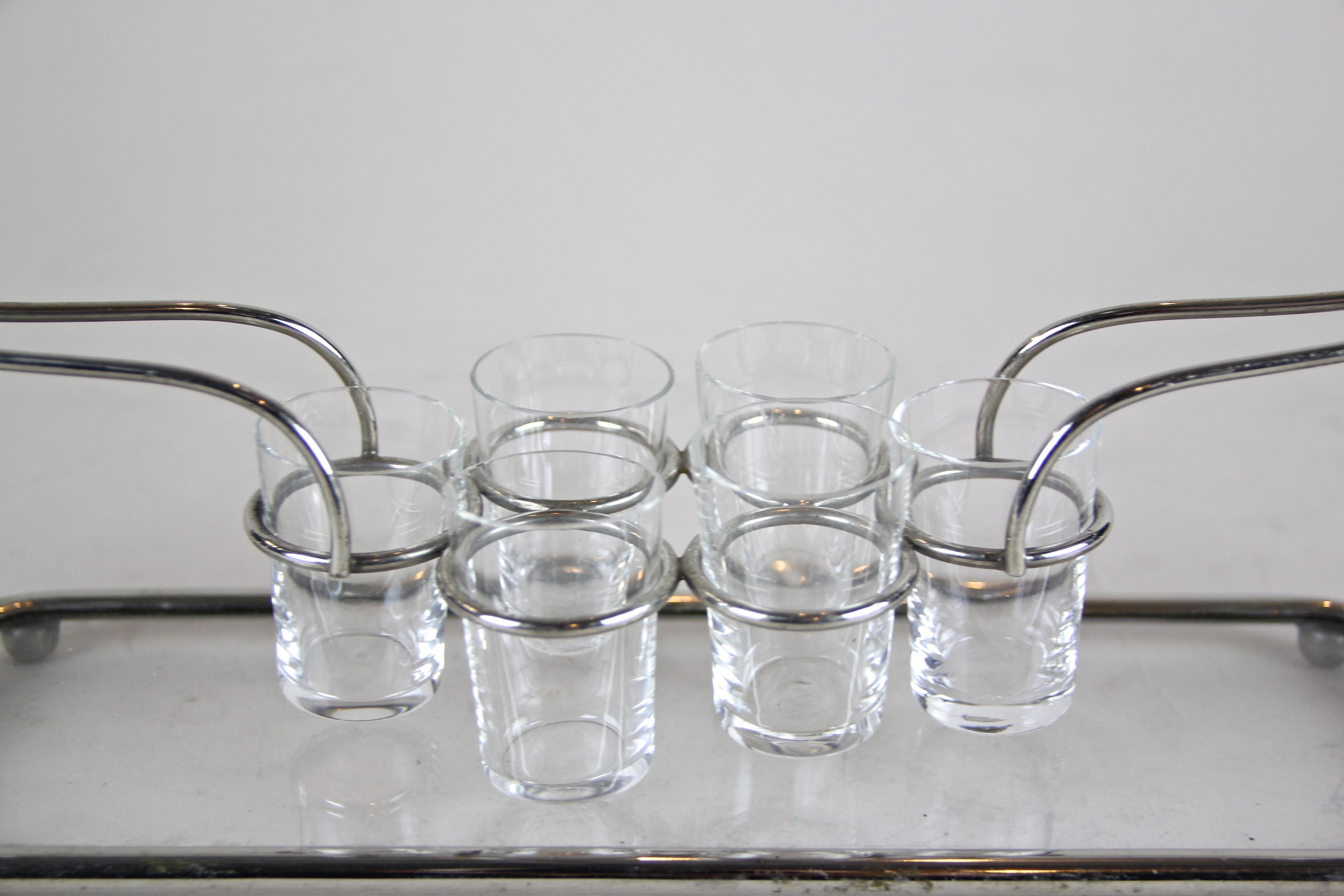 Austrian Liquor Shot Glass Set of Six in Chrome Stand Art Nouveau, Austria, circa 1910