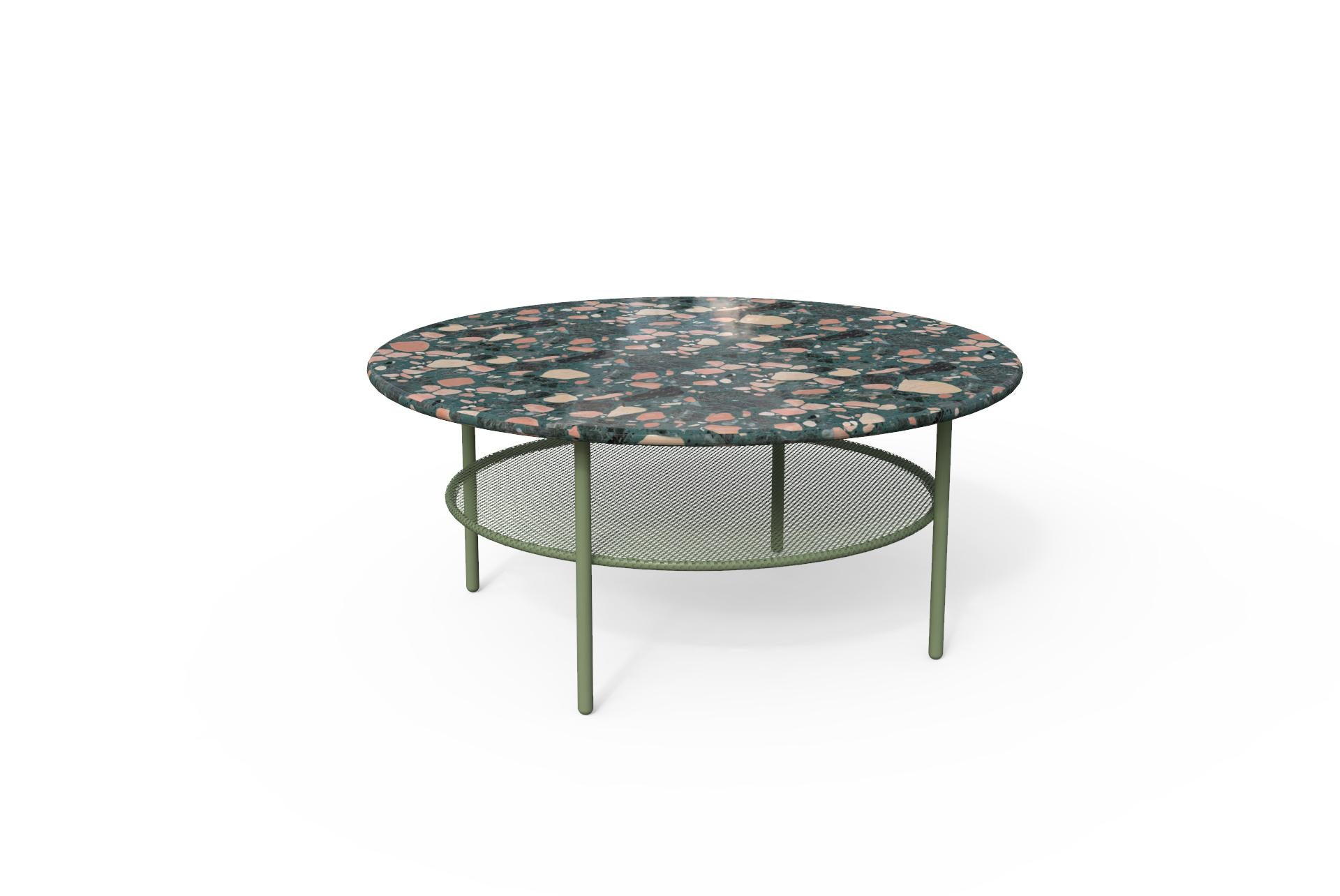 This fresh and colorful coffee table is ideal for outdoors although it combines perfectly with modern and fresh interiors as well. It's Terrazo top is a mixture of colored cement and marble stones. There are two versions of Terrazo that can be used