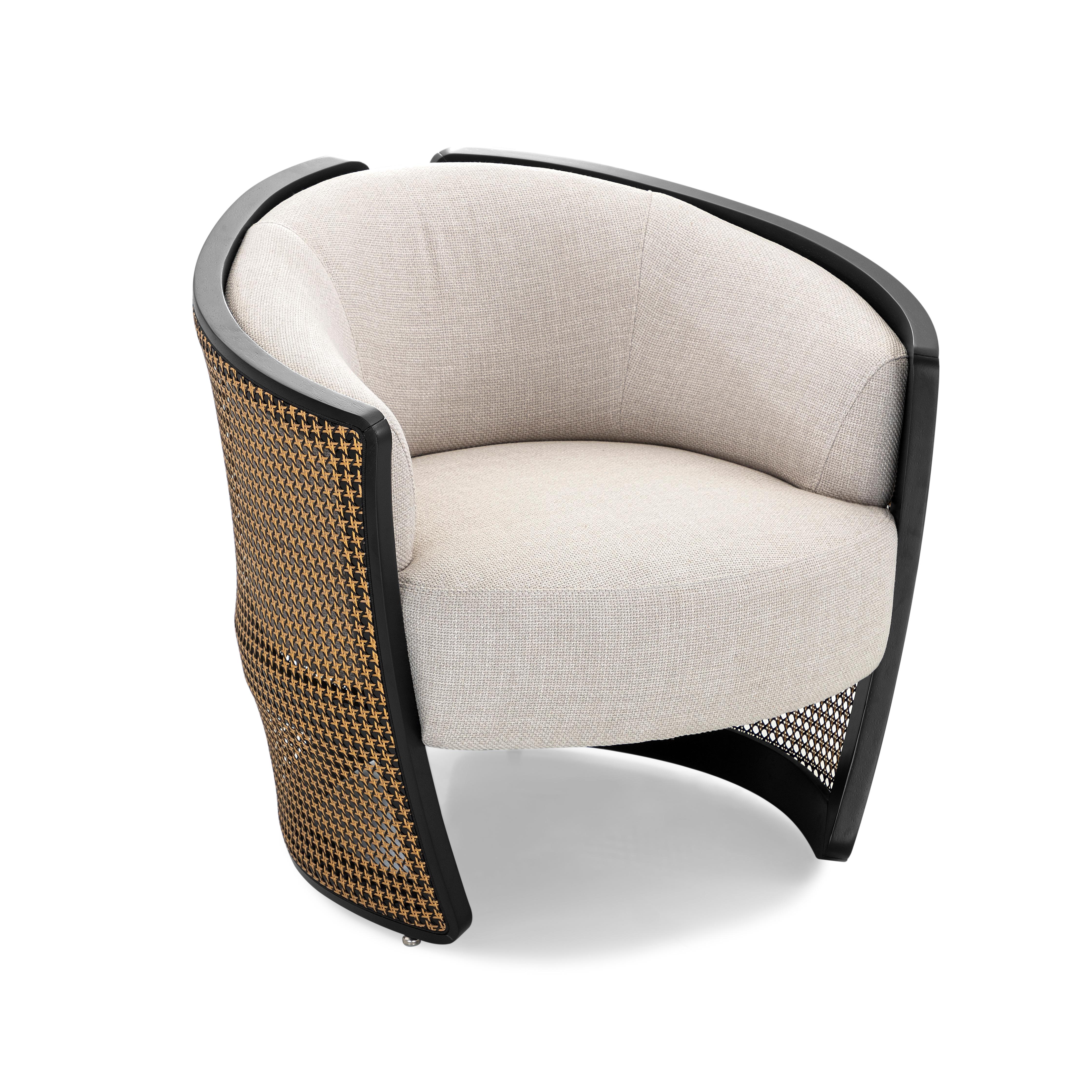 Brazilian Lirio Accent Chair in Black Wood, Cane and Light Grey Fabric For Sale