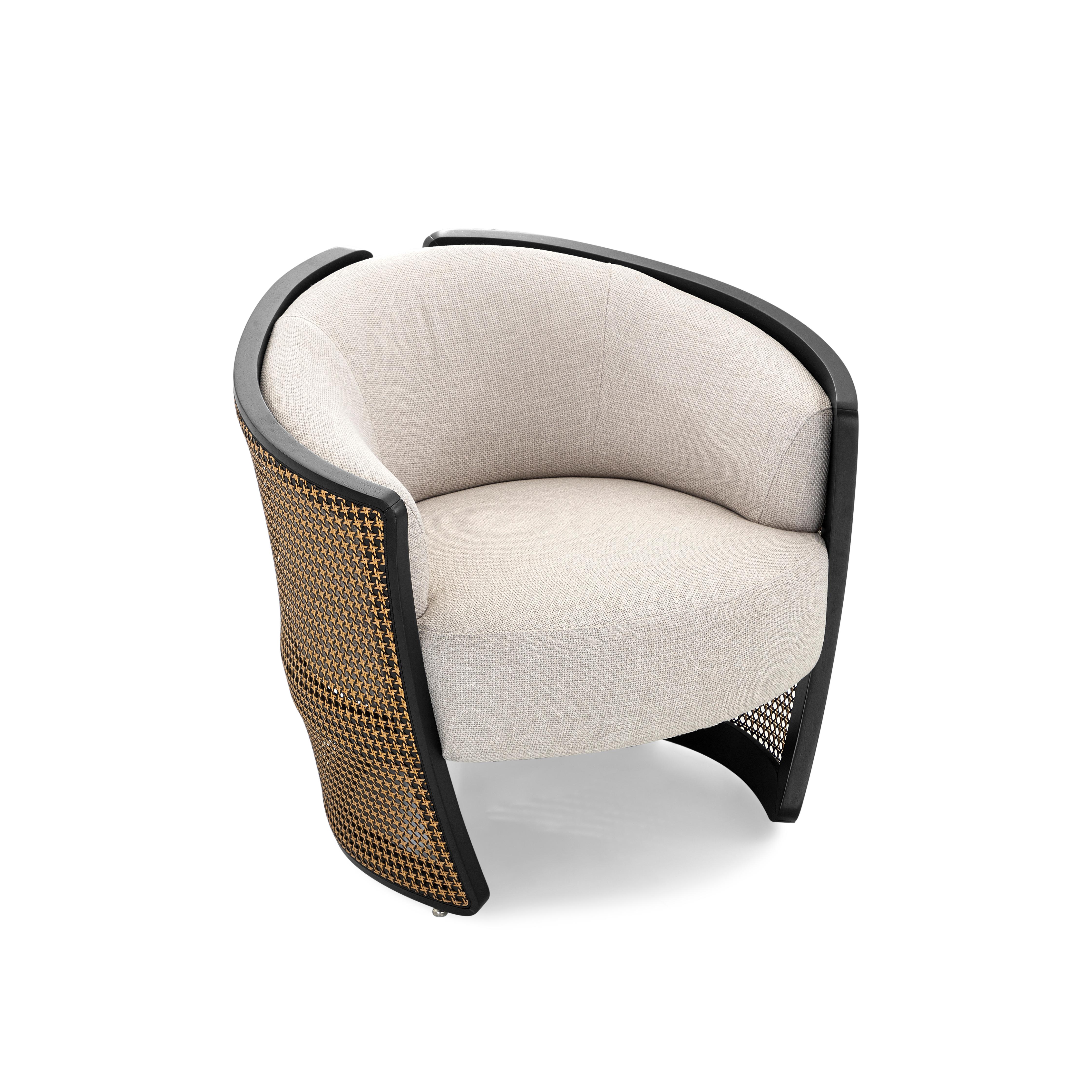 Contemporary Lirio Accent Chair in Black Wood, Cane and Light Grey Fabric For Sale