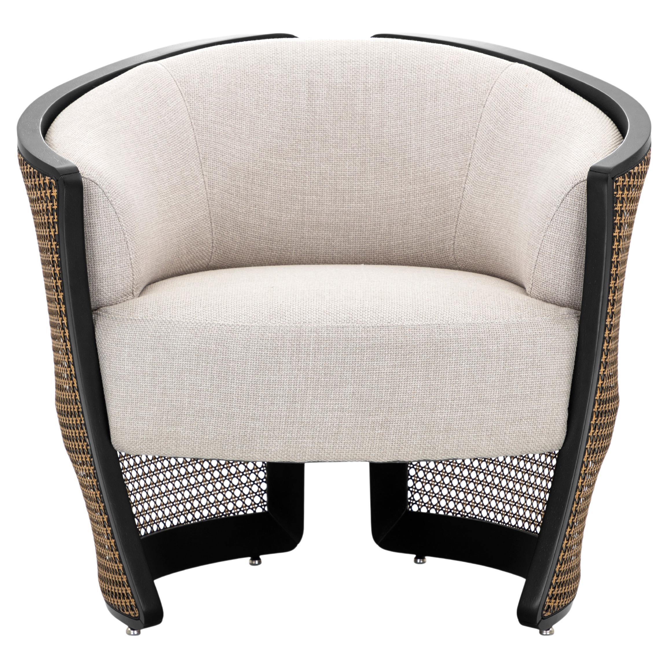 Lirio Accent Chair in Black Wood, Cane and Light Grey Fabric For Sale