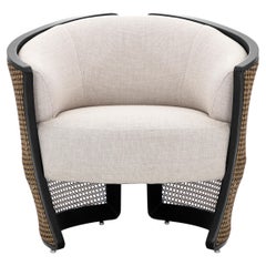 Lirio Accent Chair in Black Wood, Cane and Light Grey Fabric