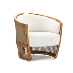 Teak Accent Armchair with Mixed Dark Cane and Off-White Fabric, Lirio Design