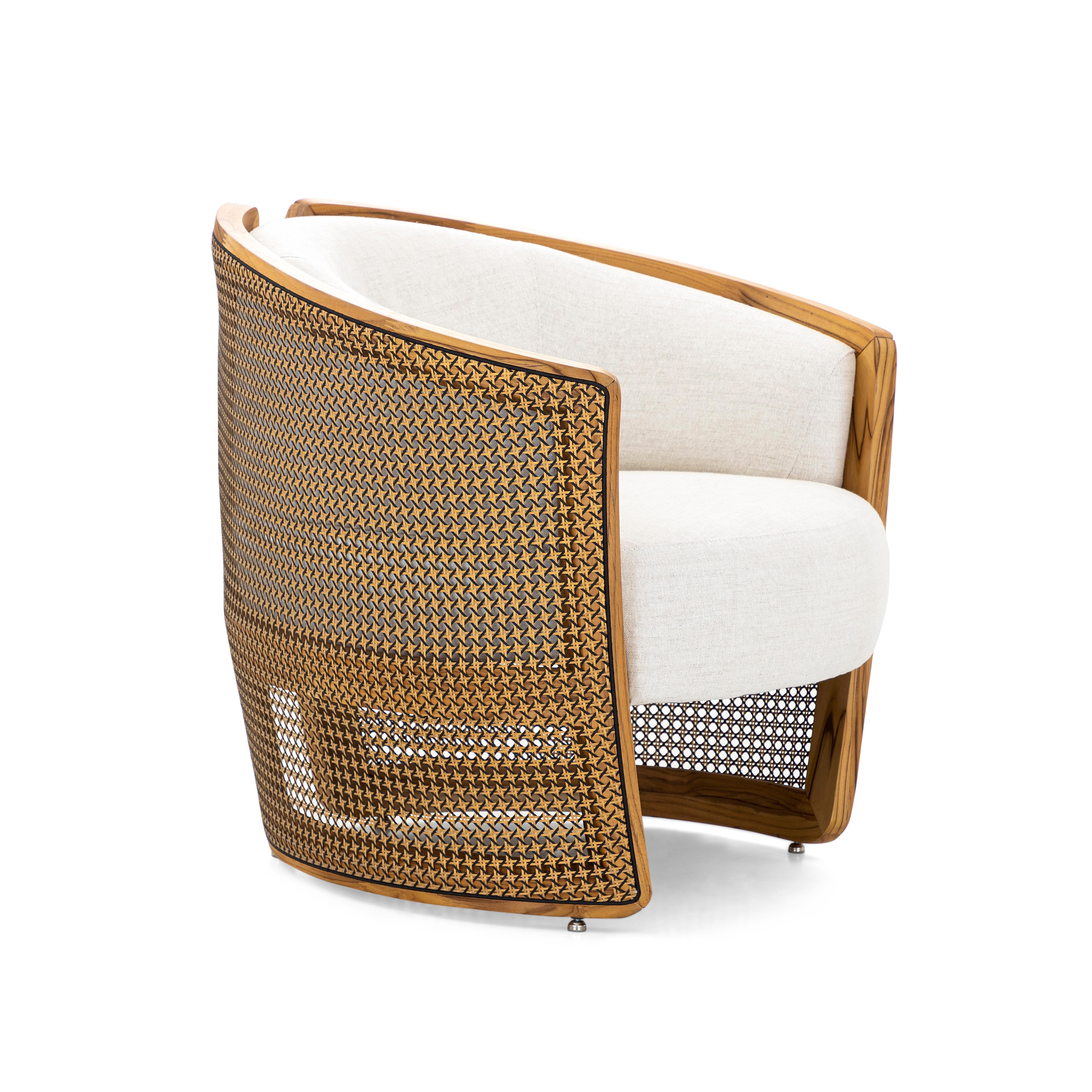 Brazilian Lirio Accent Chair in Teak Wood, Cane and Ivory Fabric For Sale