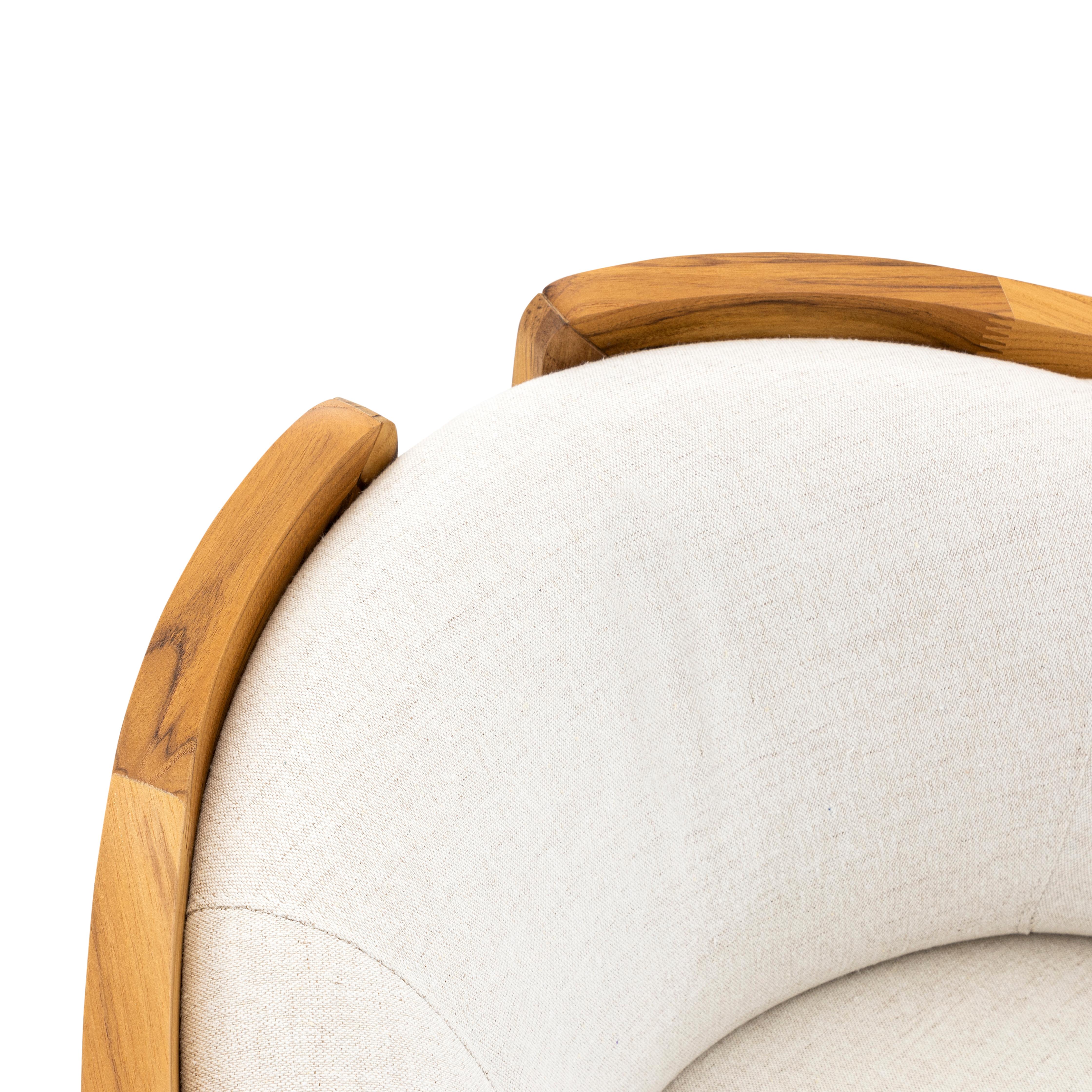Lirio Accent Chair in Teak Wood, Cane and Ivory Fabric For Sale 1