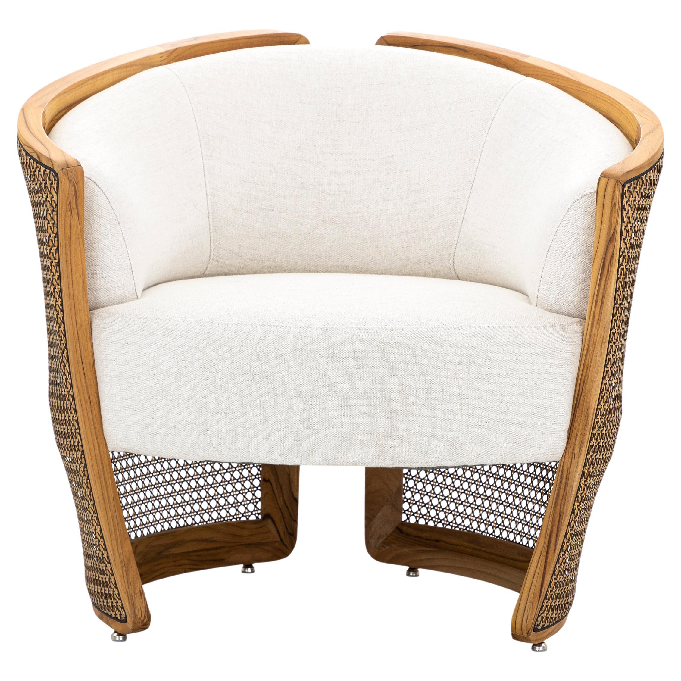Lirio Accent Chair in Teak Wood, Cane and Ivory Fabric For Sale