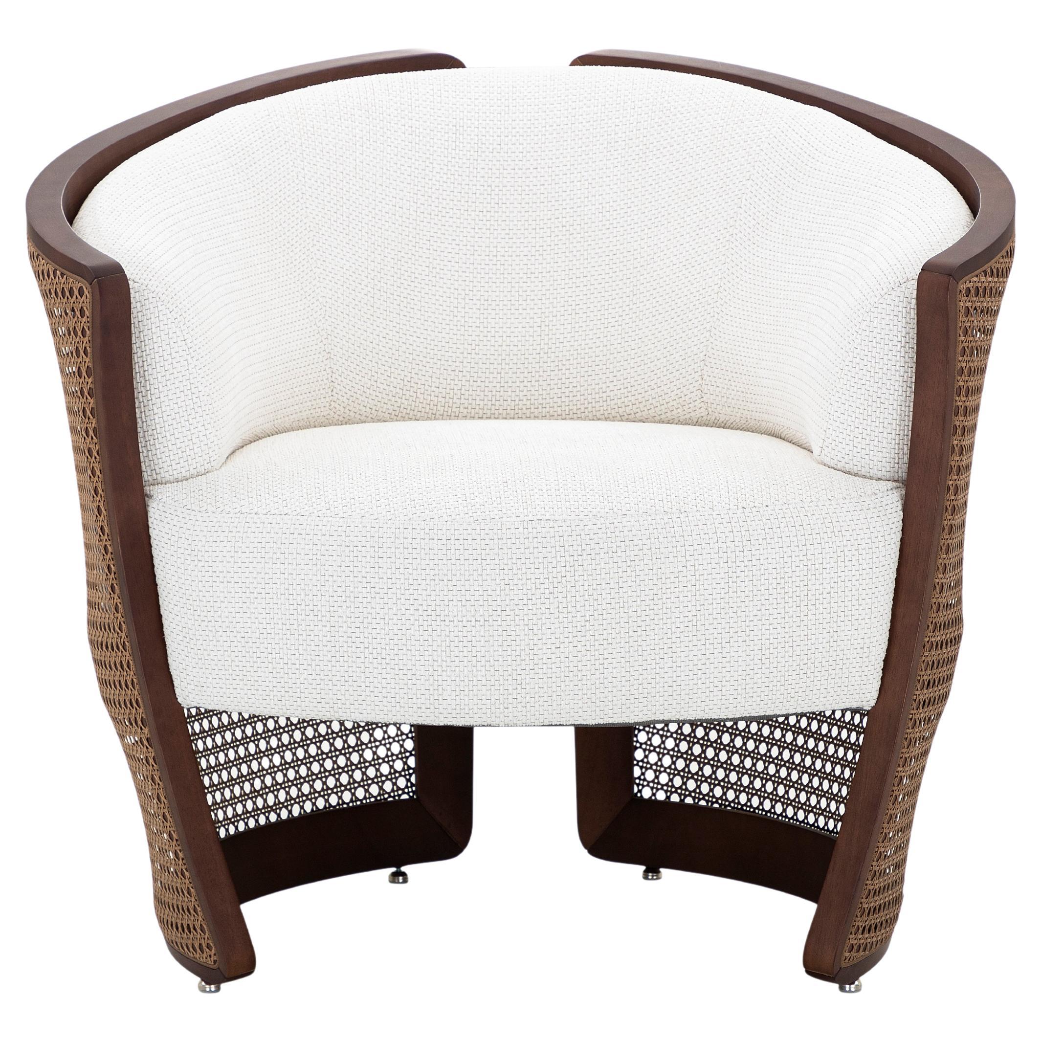 Lirio Accent Chair in Walnut Wood, Cane and Beige Fabric