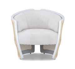 White Matte Finish Armchair with White Fabric and Cane Accents, Lirio Design