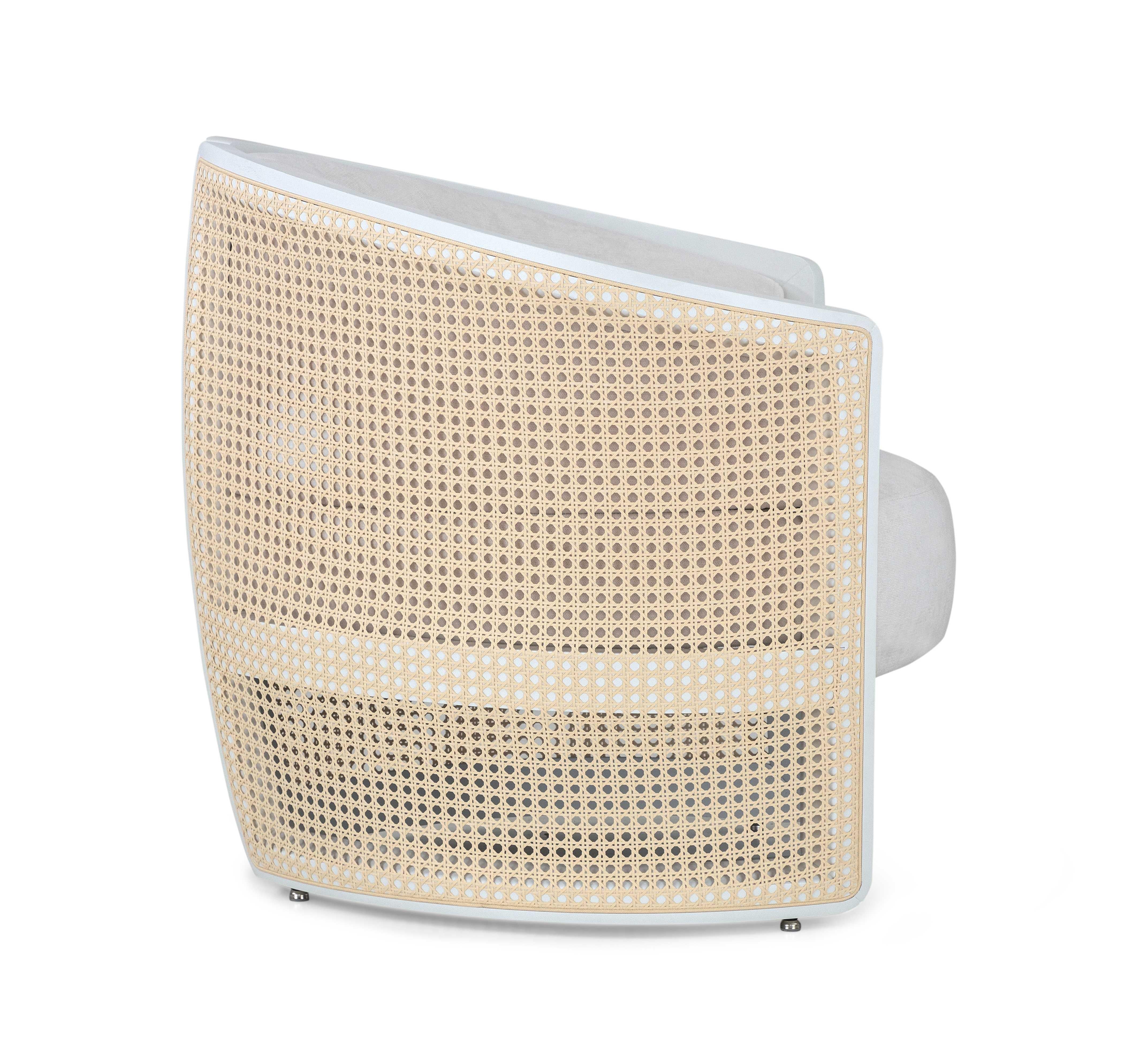 Scandinavian Modern White Matte Finish Armchair with White Fabric and Cane Accents, Lirio Design For Sale