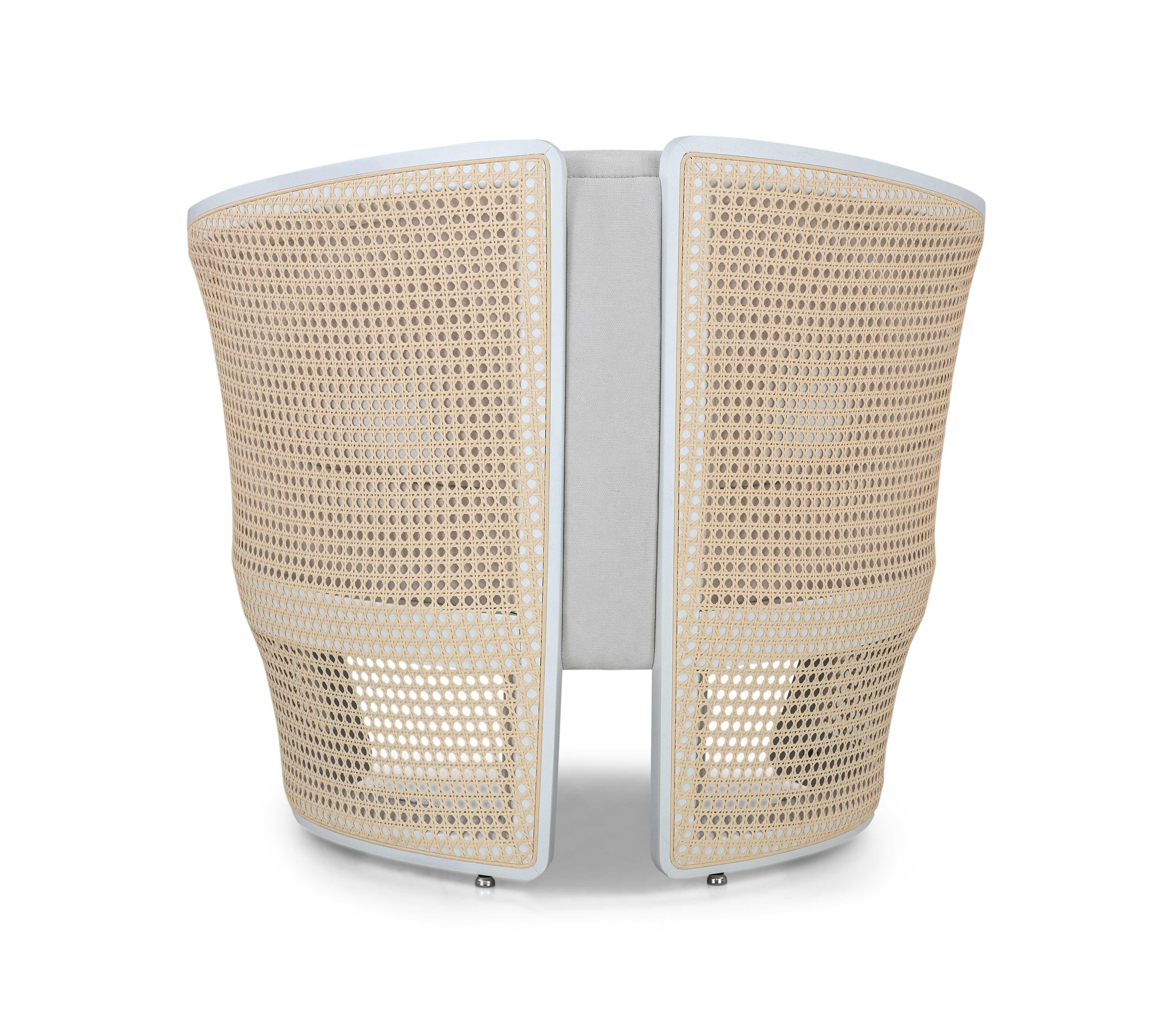Brazilian White Matte Finish Armchair with White Fabric and Cane Accents, Lirio Design For Sale