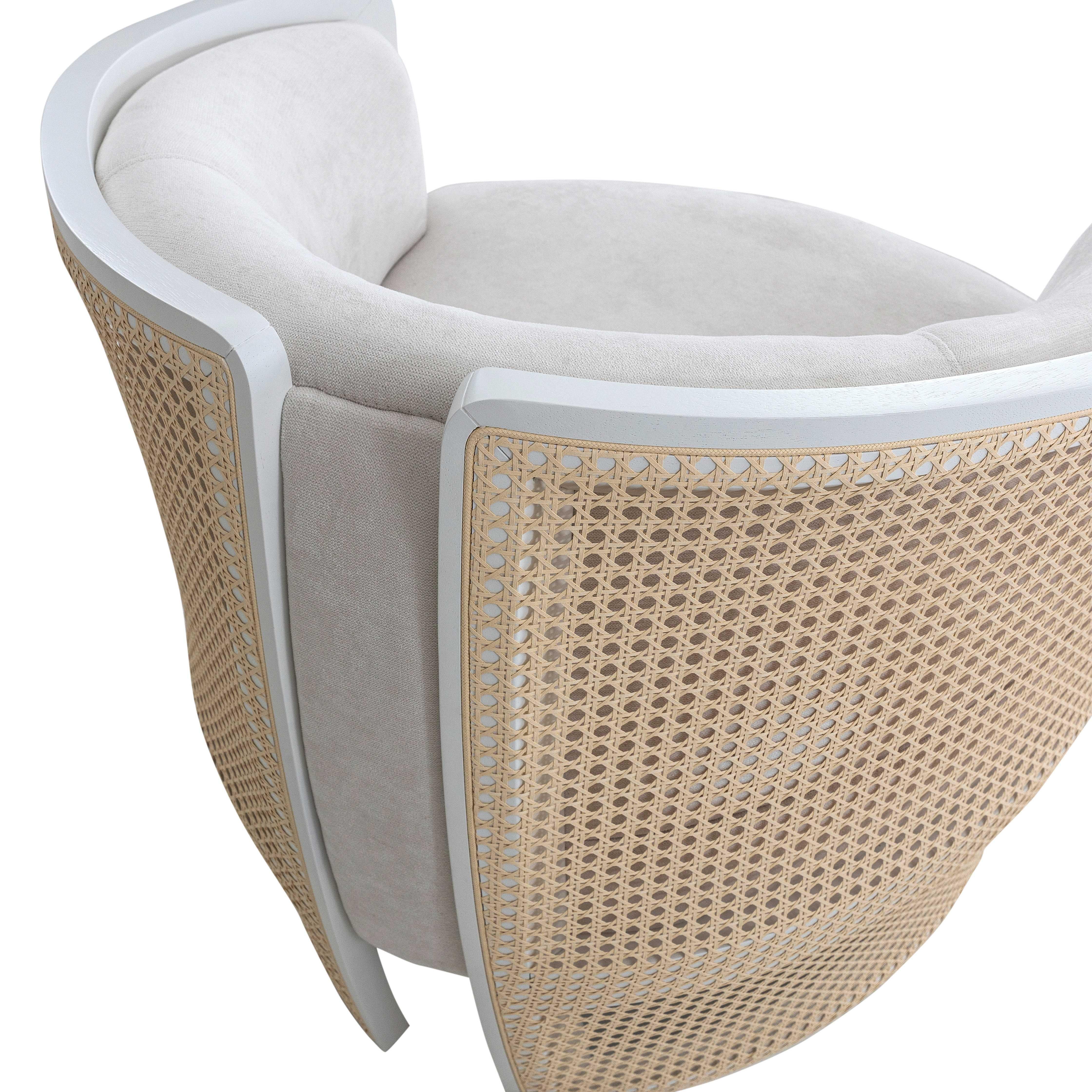 White Matte Finish Armchair with White Fabric and Cane Accents, Lirio Design In New Condition For Sale In Miami, FL