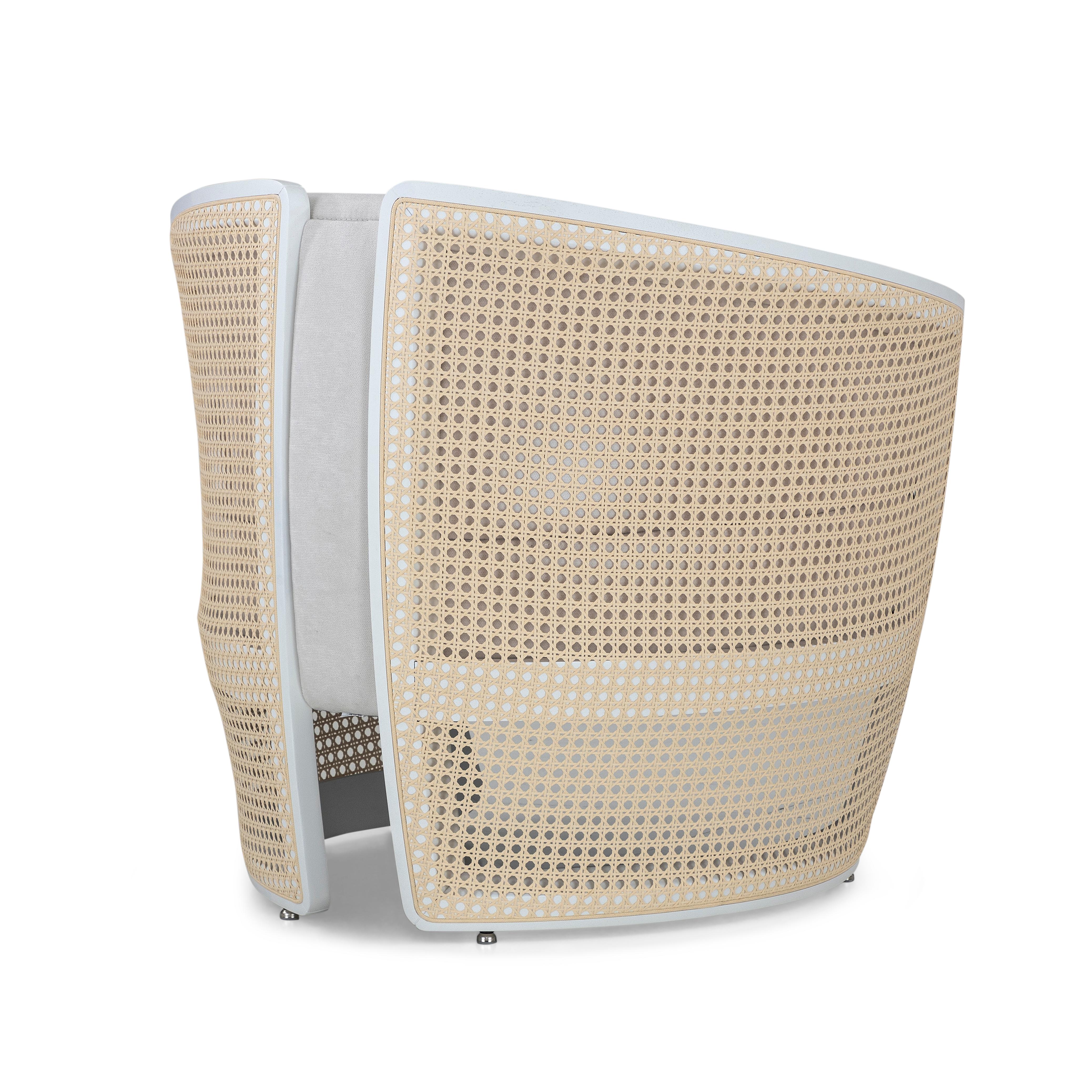 Contemporary White Matte Finish Armchair with White Fabric and Cane Accents, Lirio Design For Sale