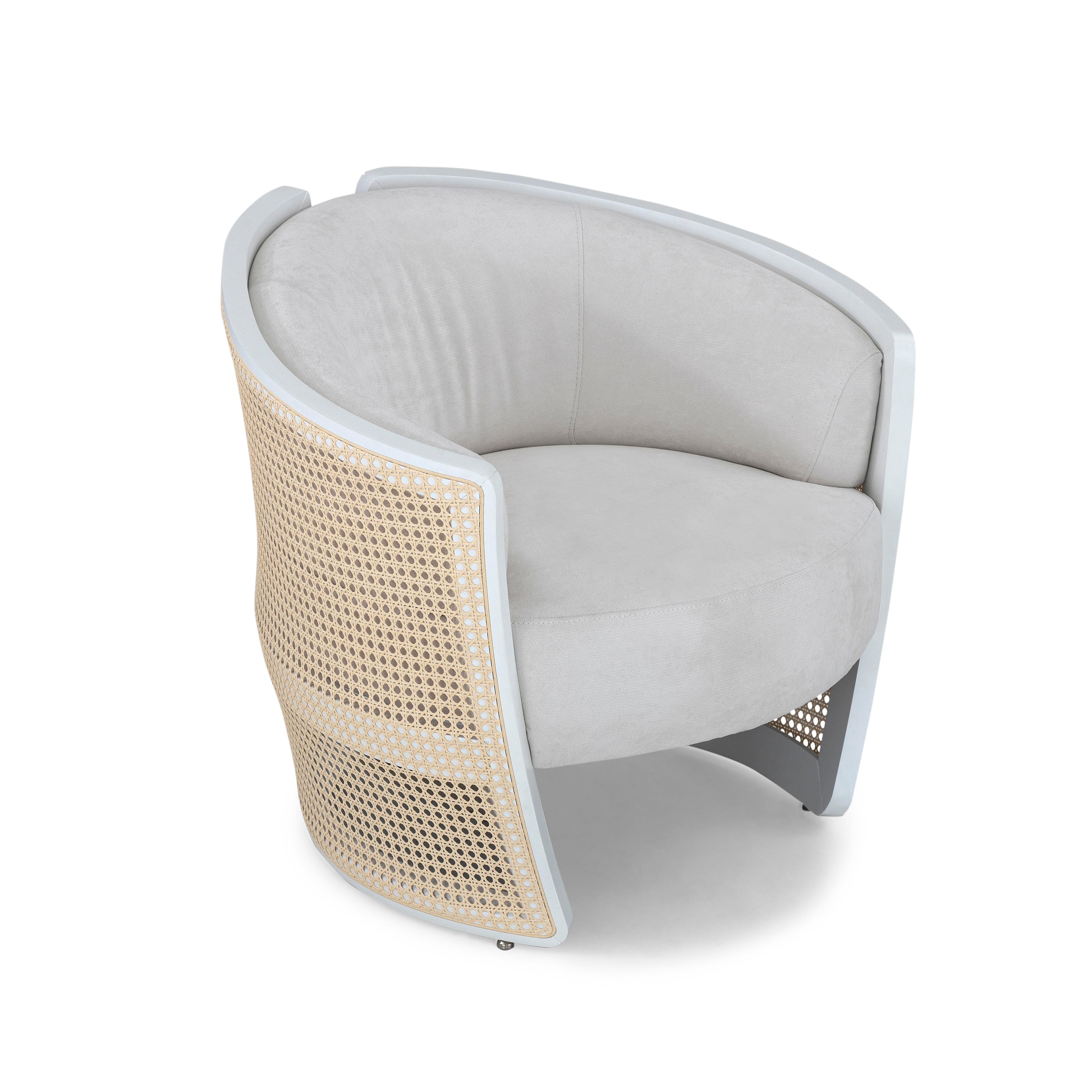 White Matte Finish Armchair with White Fabric and Cane Accents, Lirio Design For Sale 1