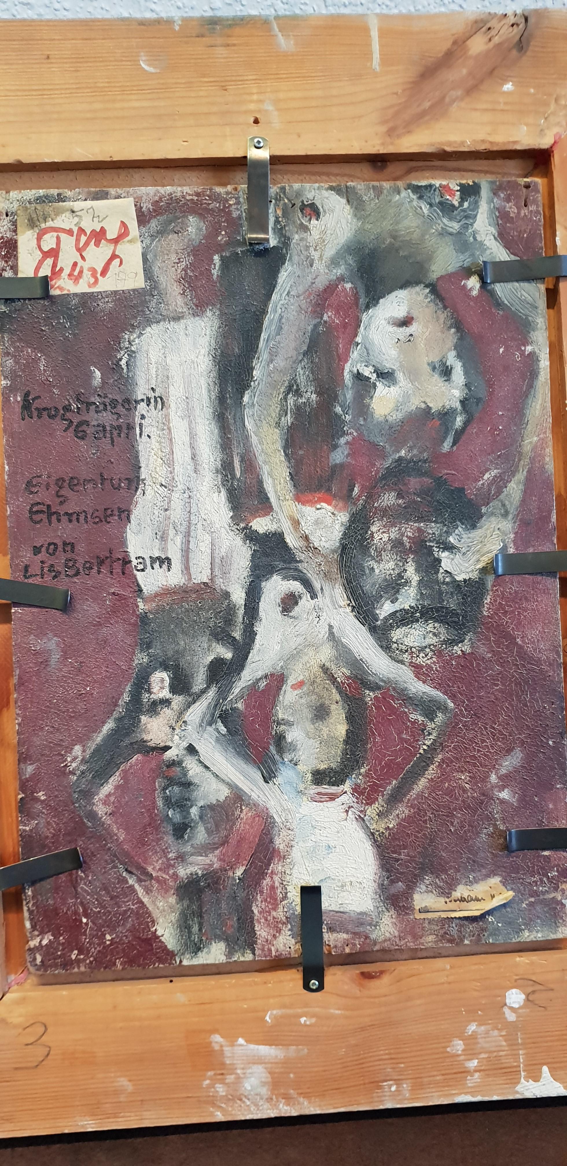 Oil on wood, Germany, around 1920
Lis Bertram-Ehmsen (1897-1986) – German Painter and wife of artist Heinrich Ehmsen
Signed at the lower left: Bertram. Inscribed on the back: Krugträgerin Capri Eigentum Ehmsen von Lis Bertram and painted with jug