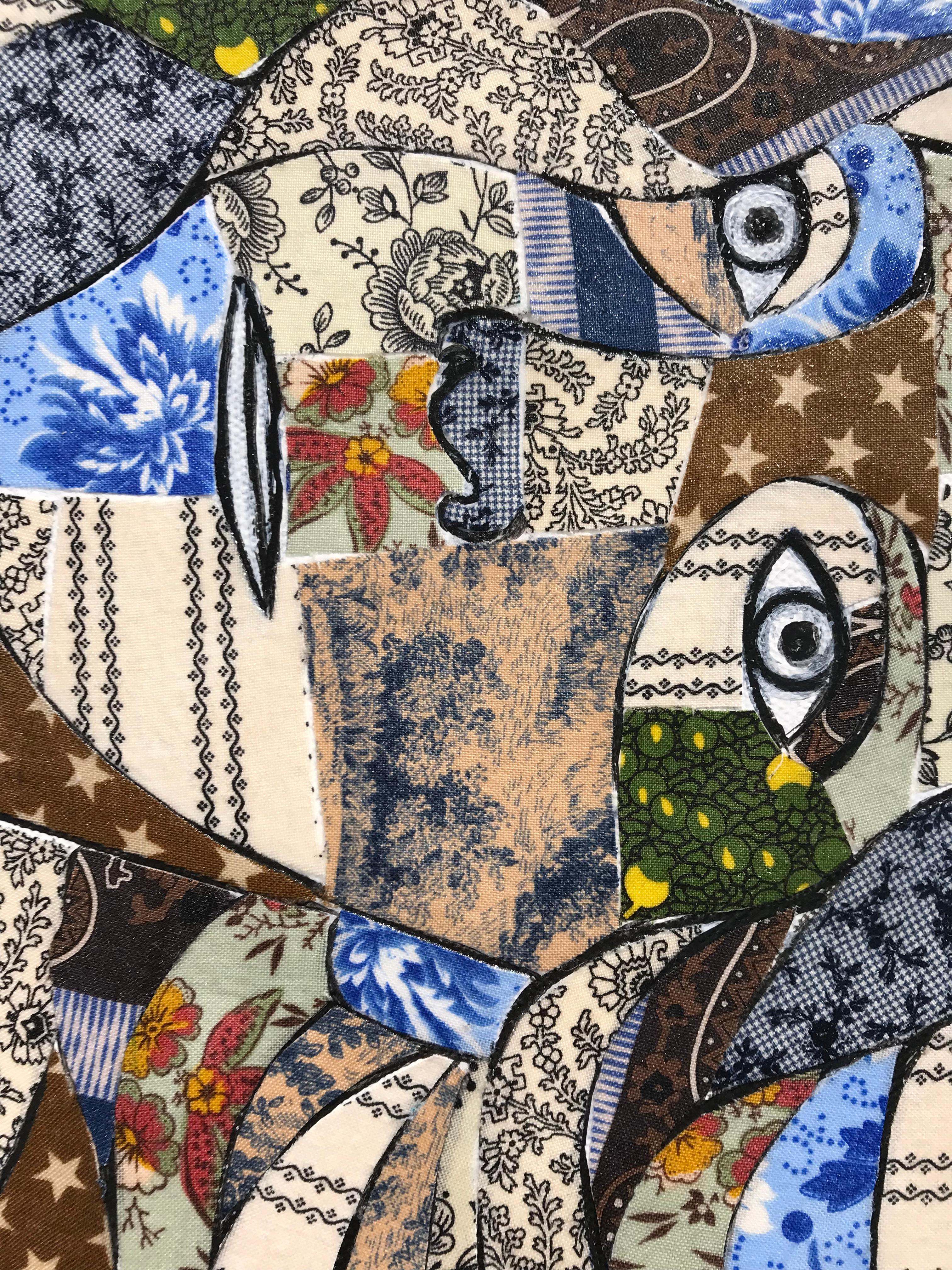 David and Goliath is a contemporary mixed media piece by artist Lisa A. Foster. In this piece, Lisa contrasts a flat green background with figures composed of civil war era reproduction fabrics collaged to complicate the two figures depicted. 

Lisa