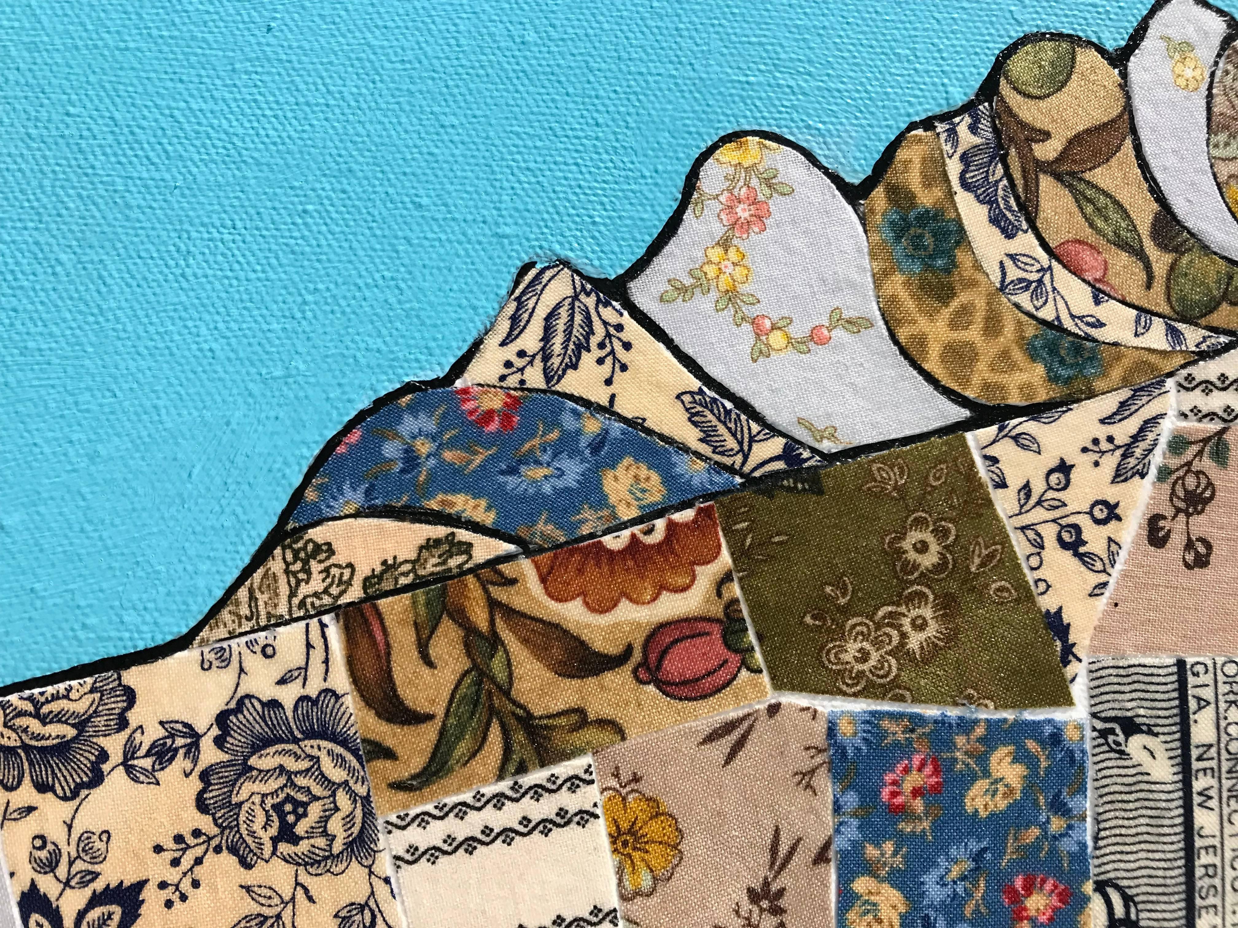 Evoking Eleanor is a contemporary mixed media piece by artist Lisa A. Foster. In this piece, Lisa contrasts a flat blue background with figures composed of civil war era reproduction fabrics collaged to complicate the two figures depicted. These