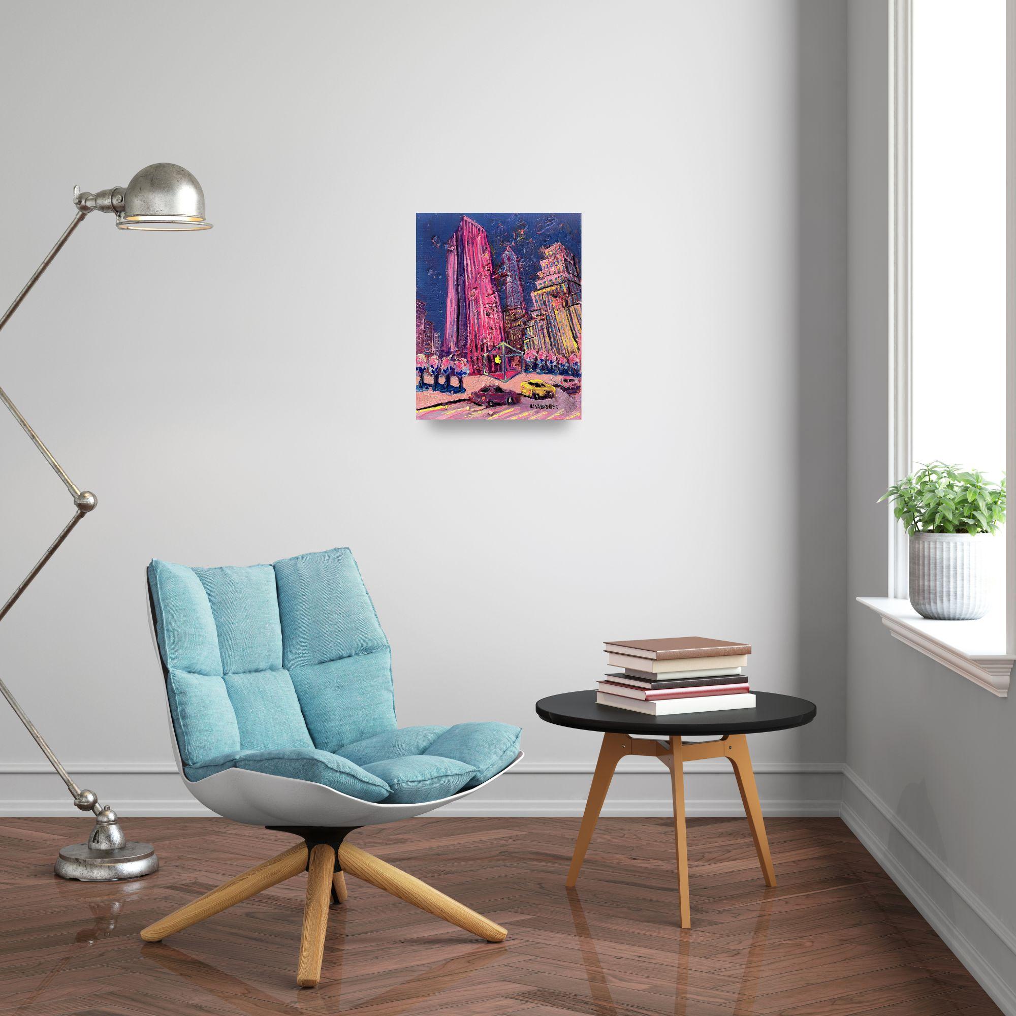 Apple Store -Originale moderne New Yorker Stadtlandschaft Ölgemälde- zeitgenössische Kunst – Painting von Lisa Bisbee