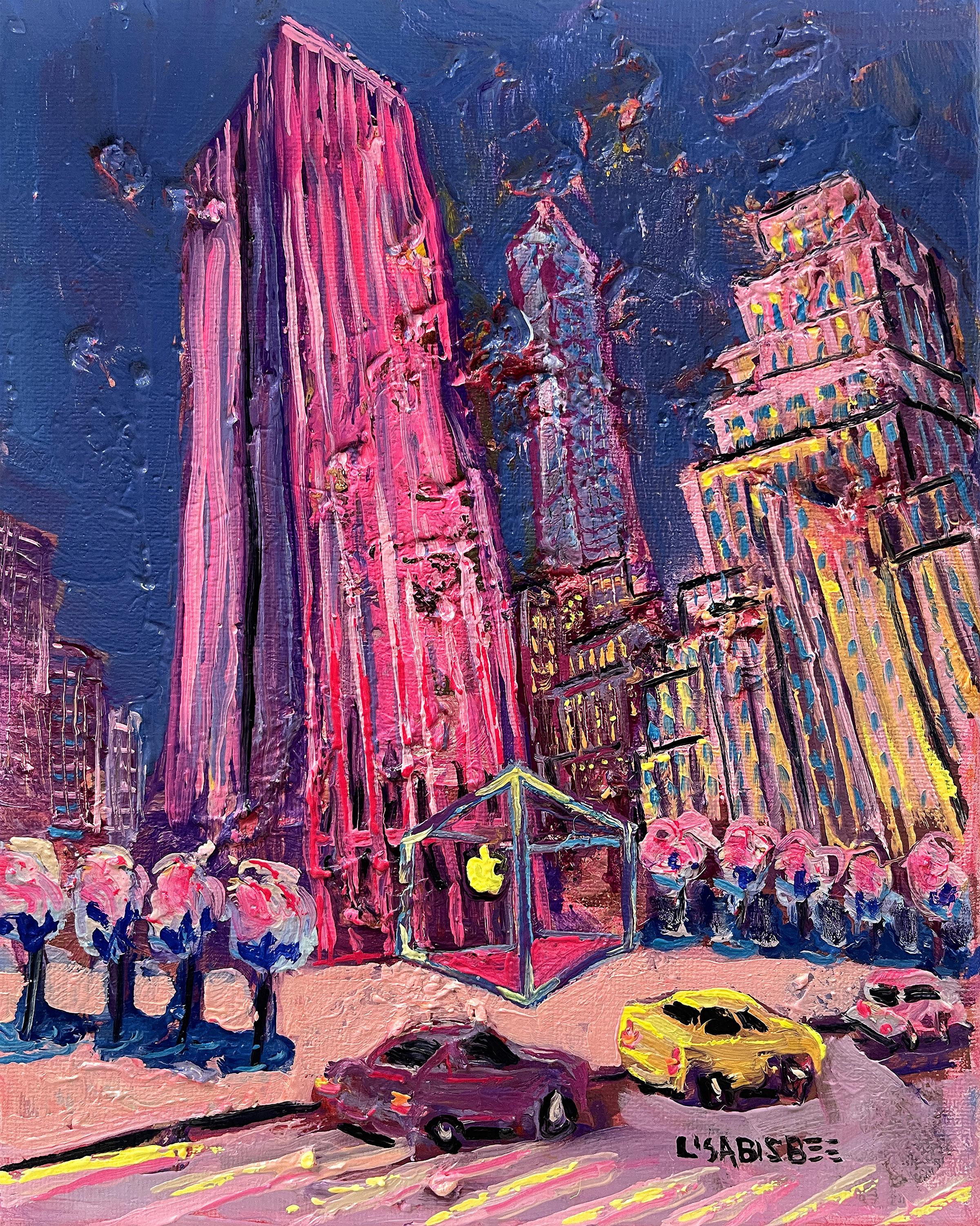 Lisa Bisbee Landscape Painting – Apple Store -Originale moderne New Yorker Stadtlandschaft Ölgemälde- zeitgenössische Kunst