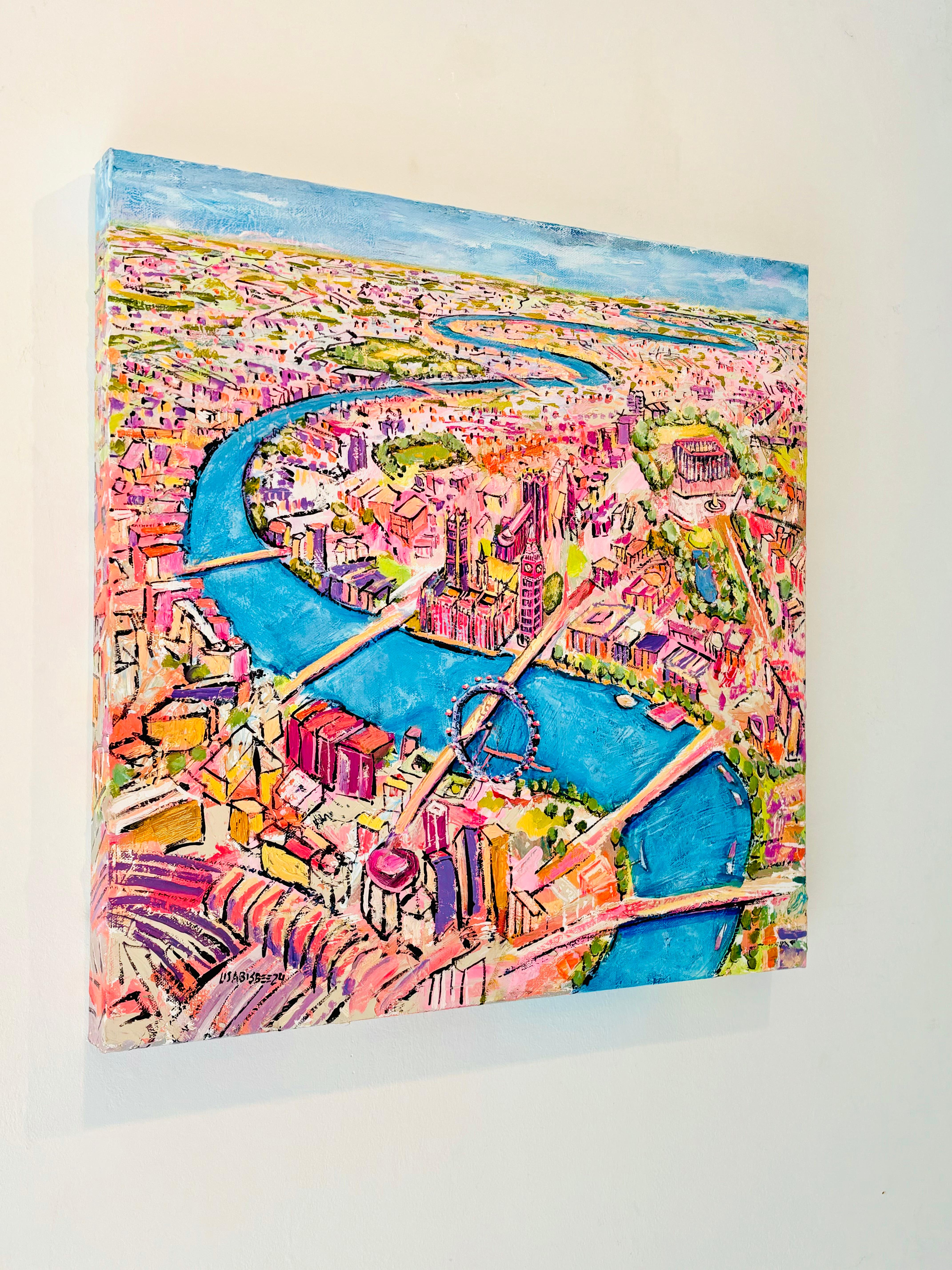 Vogelperspektive von  Big Ben – Originales modernes Ölgemälde mit Stadtansicht in Öl – Kunst – Painting von Lisa Bisbee