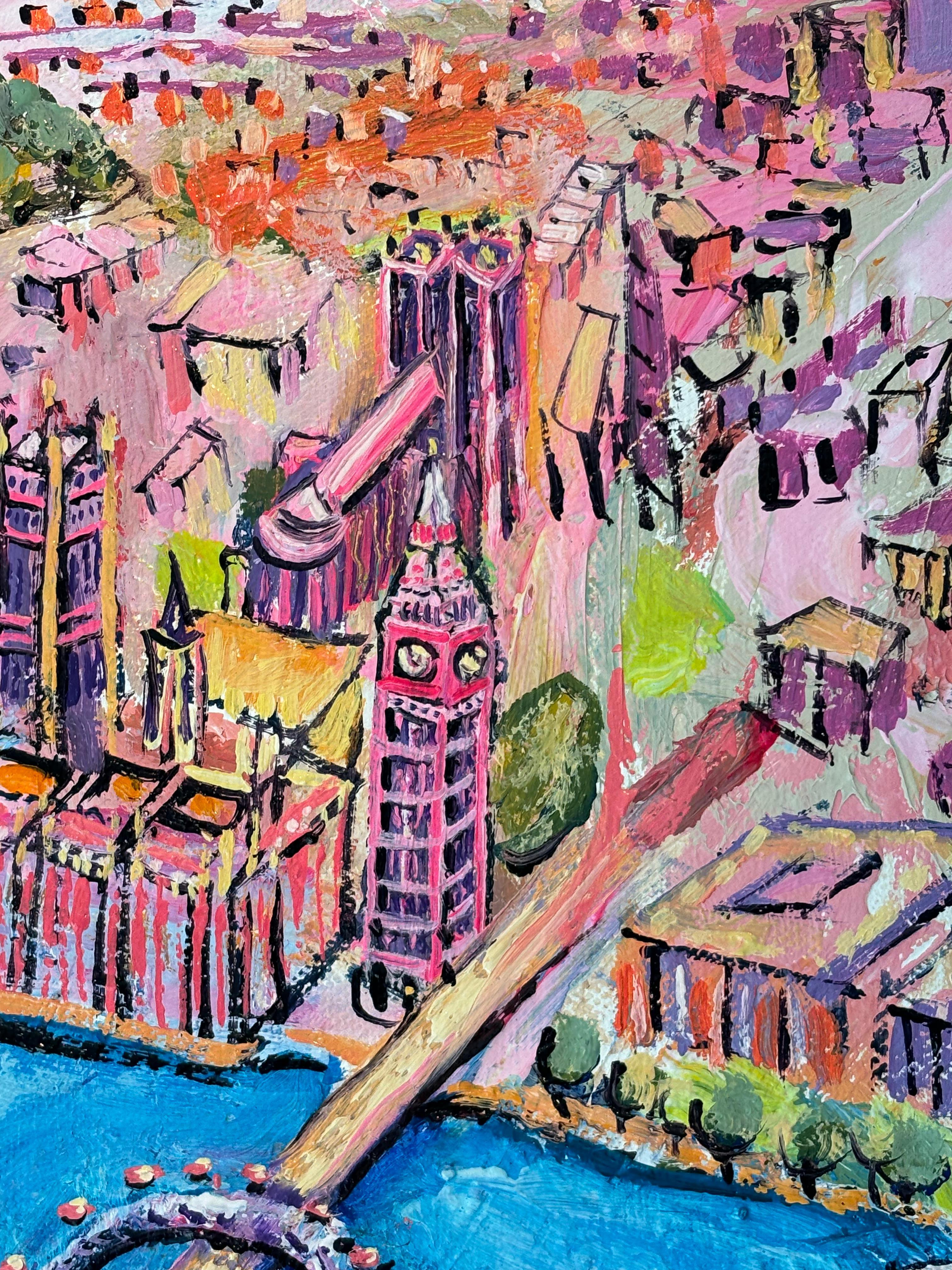 Vogelperspektive von  Big Ben – Originales modernes Ölgemälde mit Stadtansicht in Öl – Kunst (Impressionismus), Painting, von Lisa Bisbee